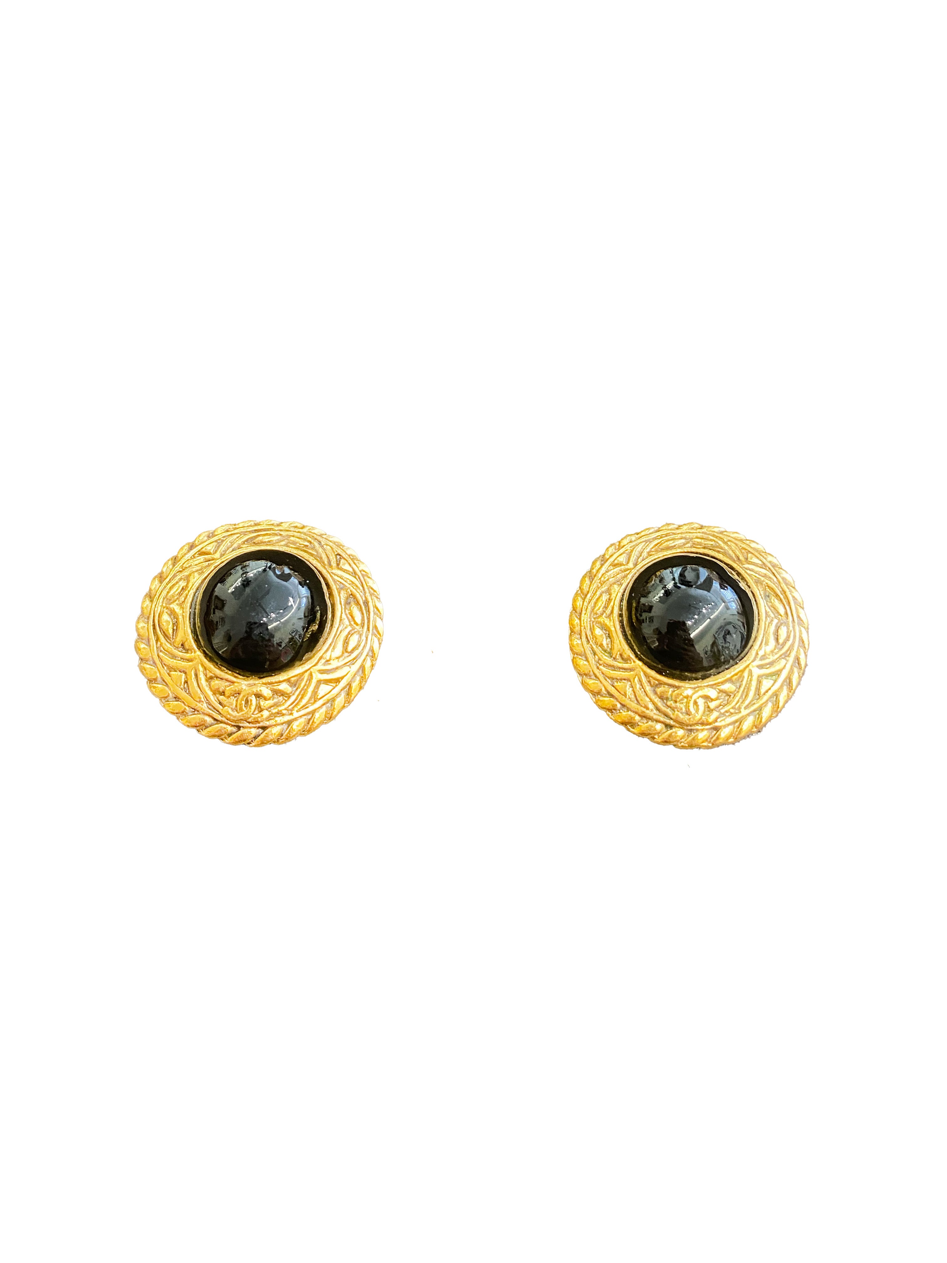 Chanel 1990s Black and Gold Logo Clip-on Earrings