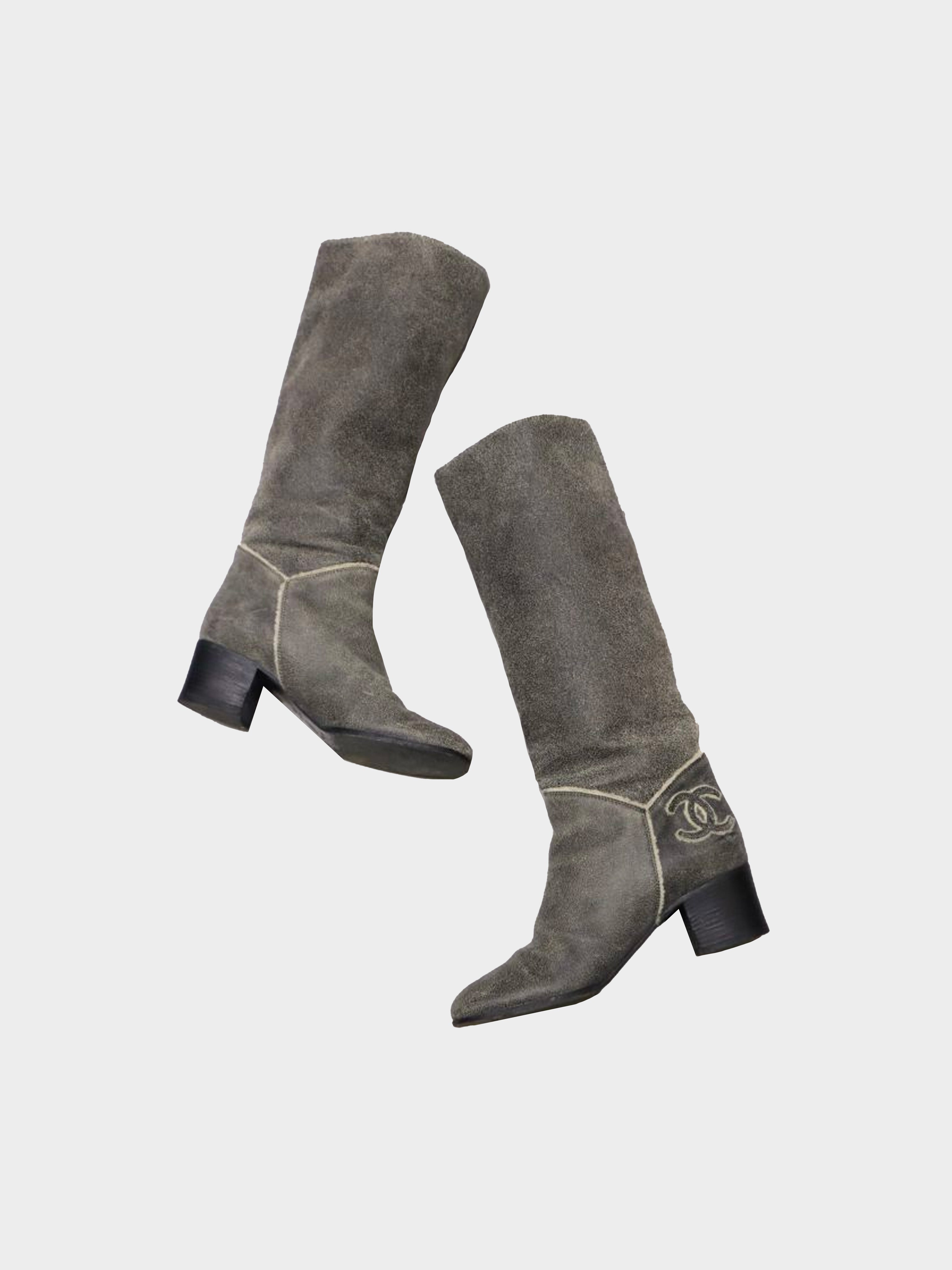 Chanel 2010s Shearling Logo Knee High Boots