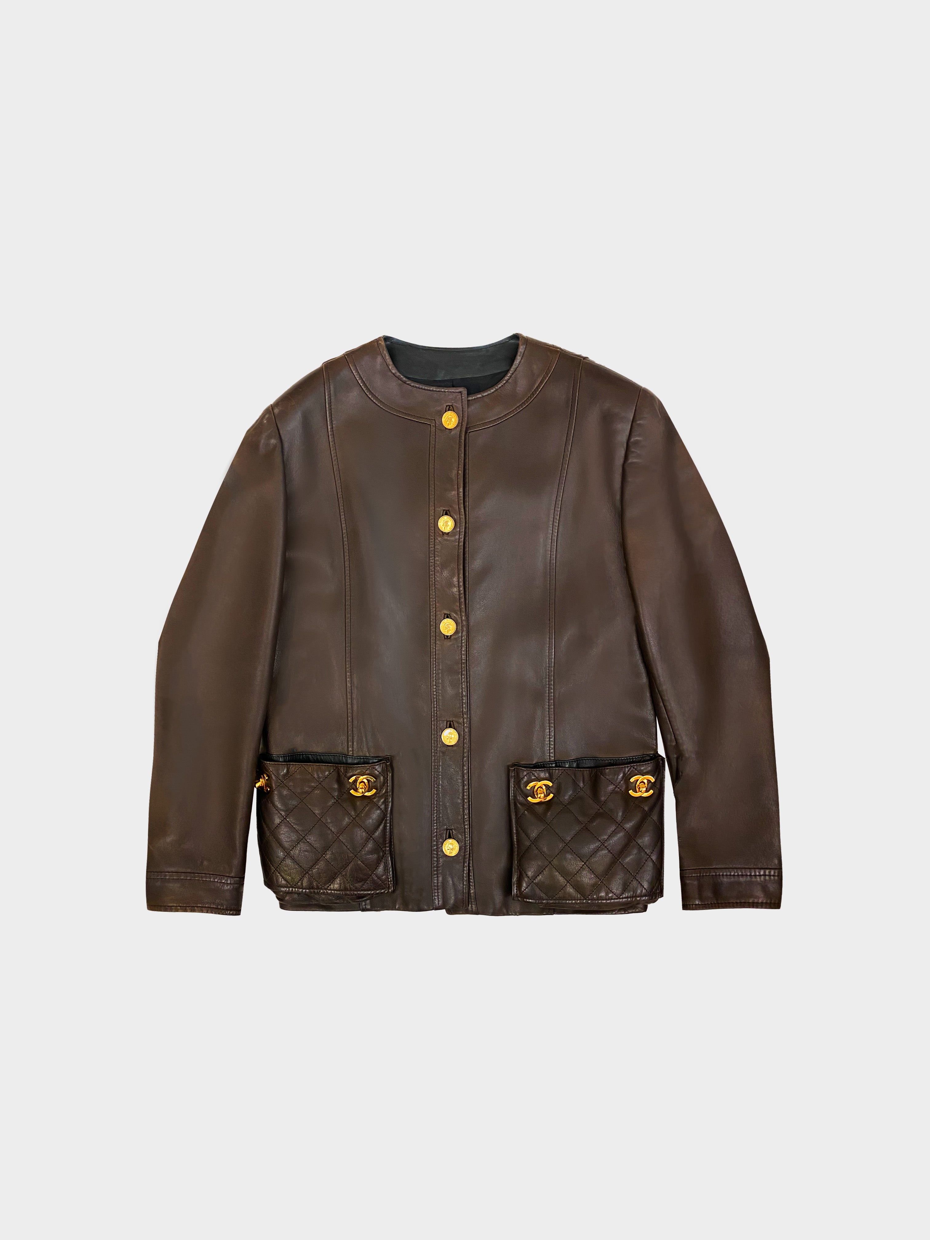 Chanel 1980s Runway Chocolate Leather Jacket with Turn Lock Buttons · INTO