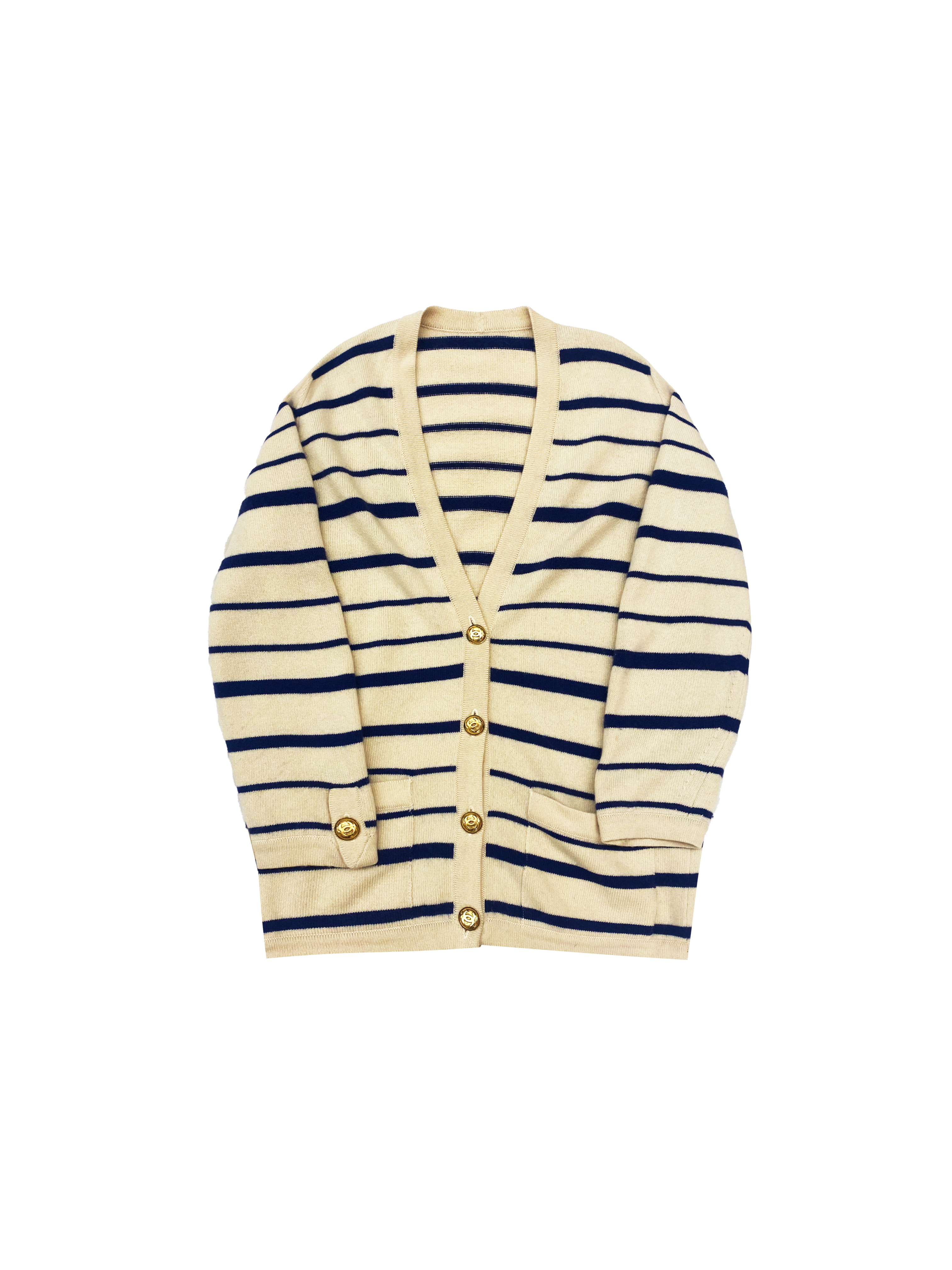 Chanel 1980s Cashmere Cream and Navy Striped Cardigan