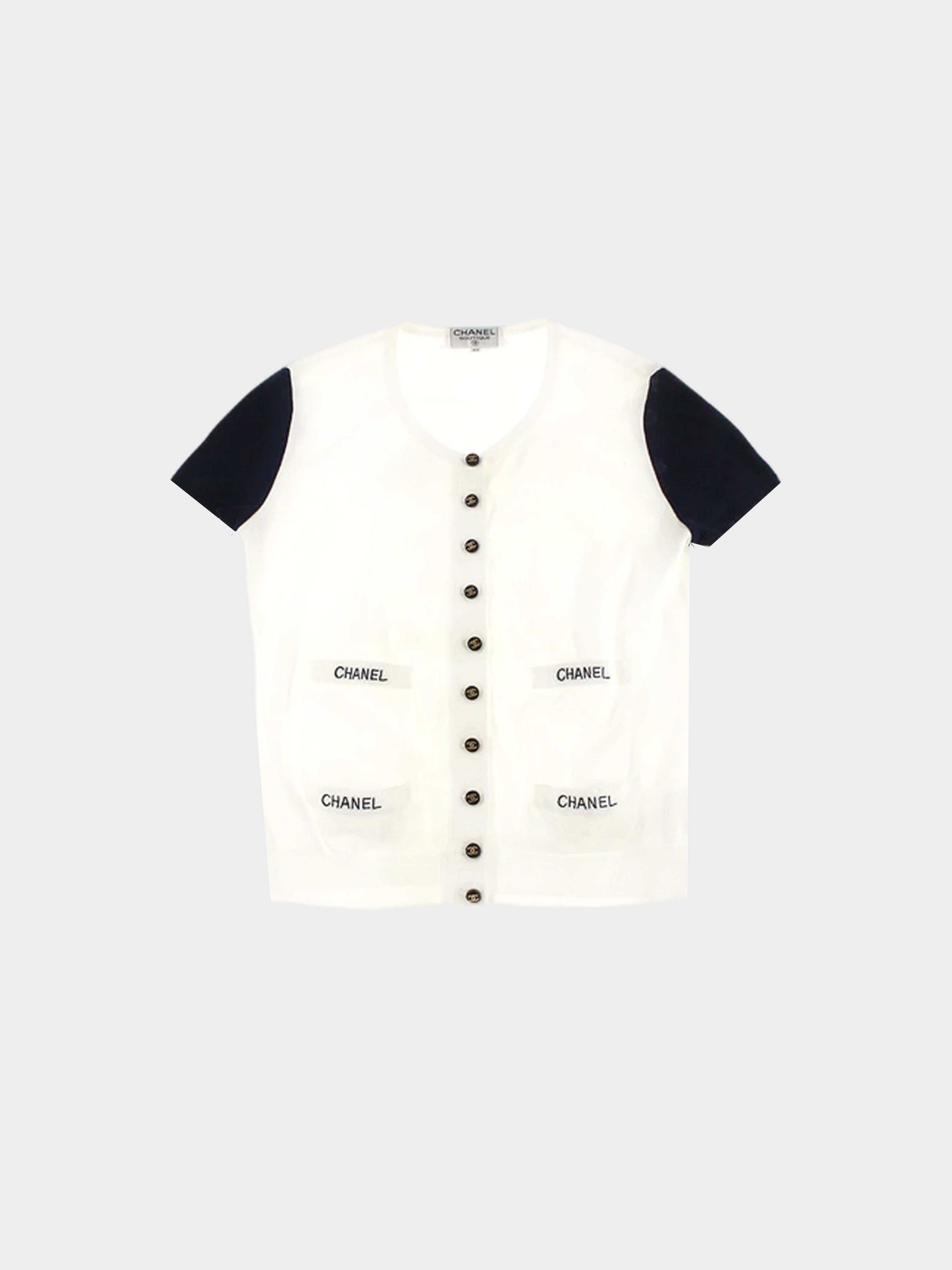 CHANEL 1996 CC BUTTON LOGO LETTER WHITE BLACK KNIT CARDIGAN TOP BLOUSE