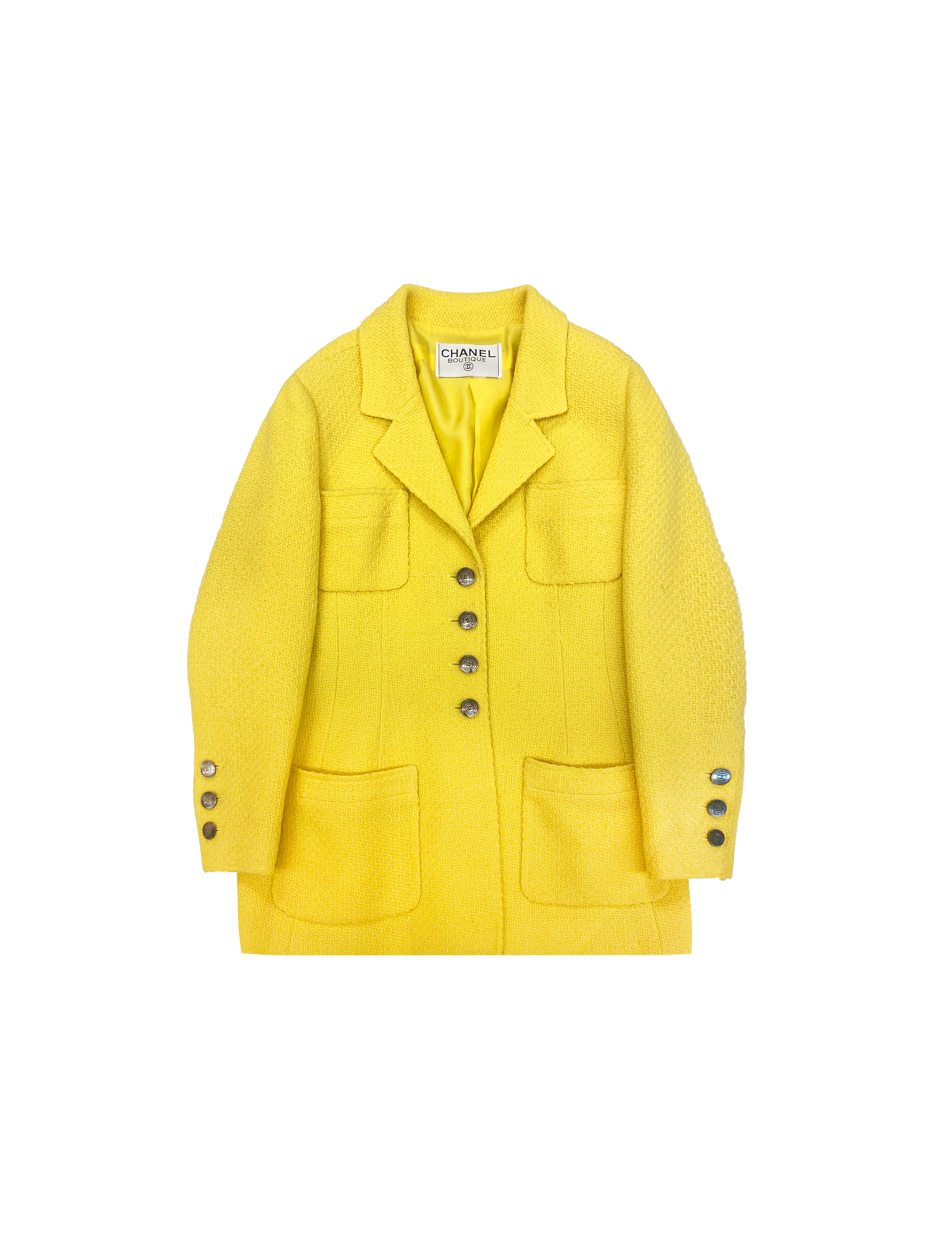 Chanel 1990s Yellow Tweed Blazer with Silver Buttons