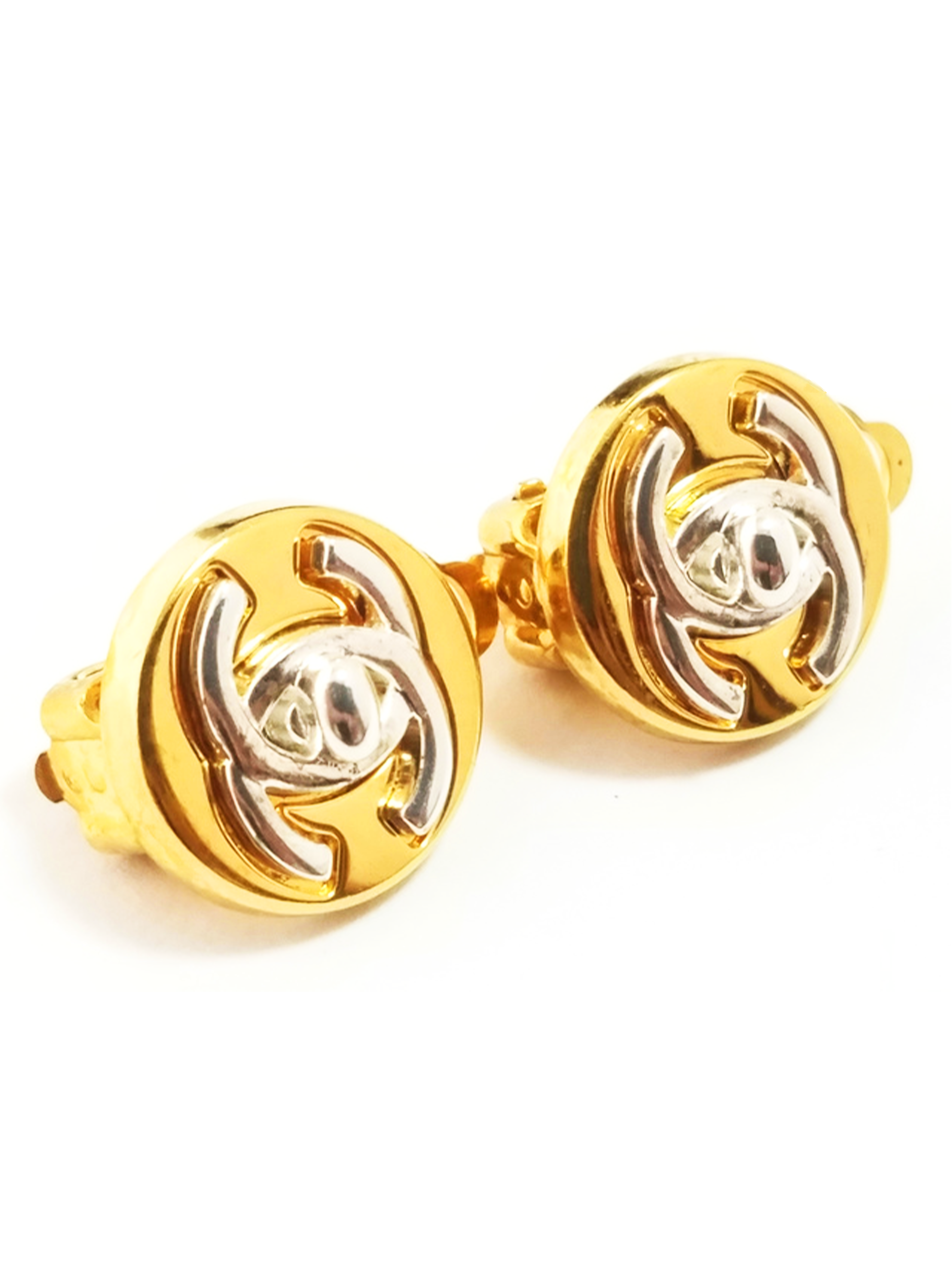Chanel 2000s Coco Turnlock Silver Gold Earrings · INTO