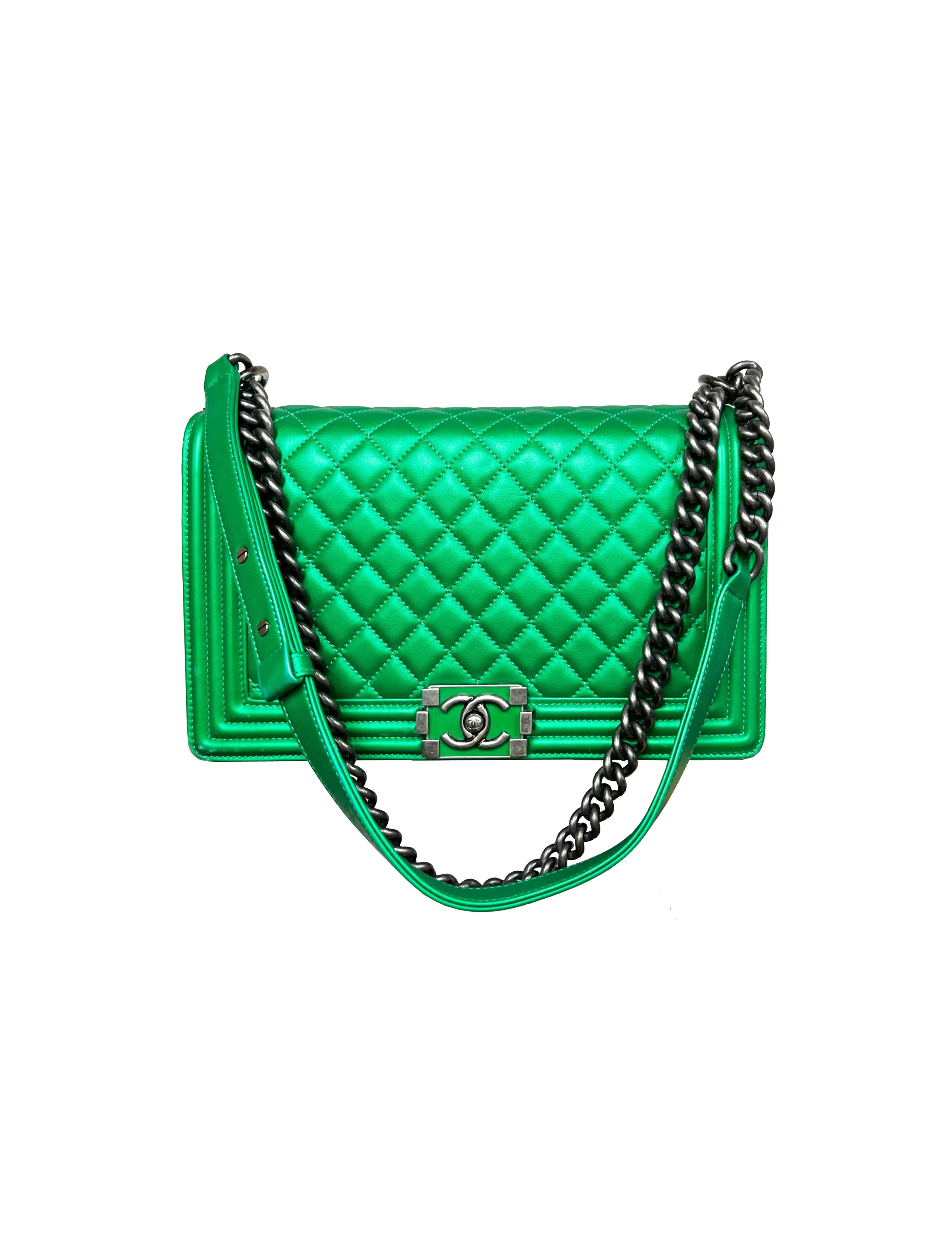 Chanel Metallic Green Quilted Lambskin Boy Bag Large Q6B01A1IG7006