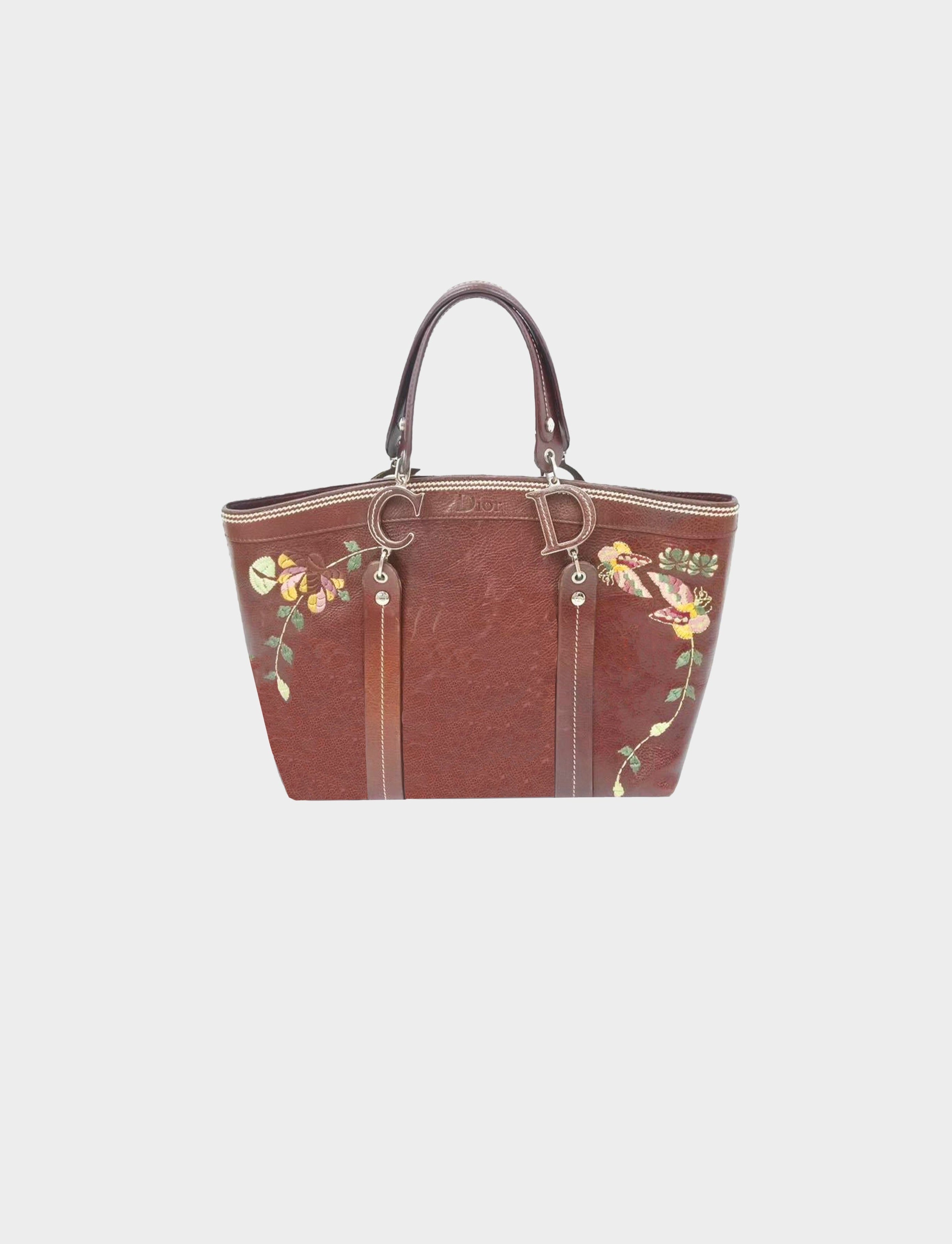 Christian Dior 2005 Floral Embroidered Leather Tote Bag