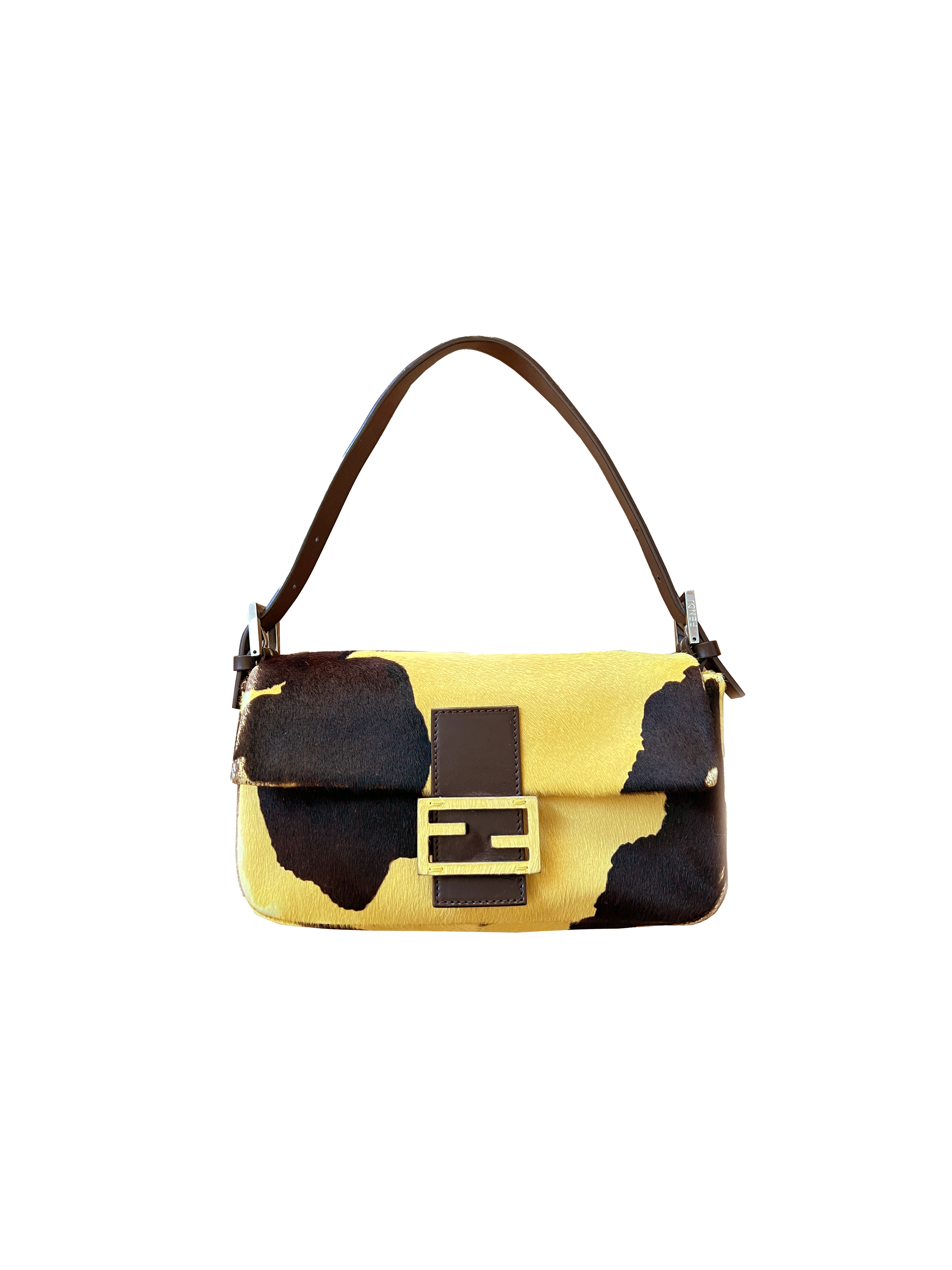 Rare Fendi Italy Pony Hair Yellow Beaded Baguette / Shoulder Bag