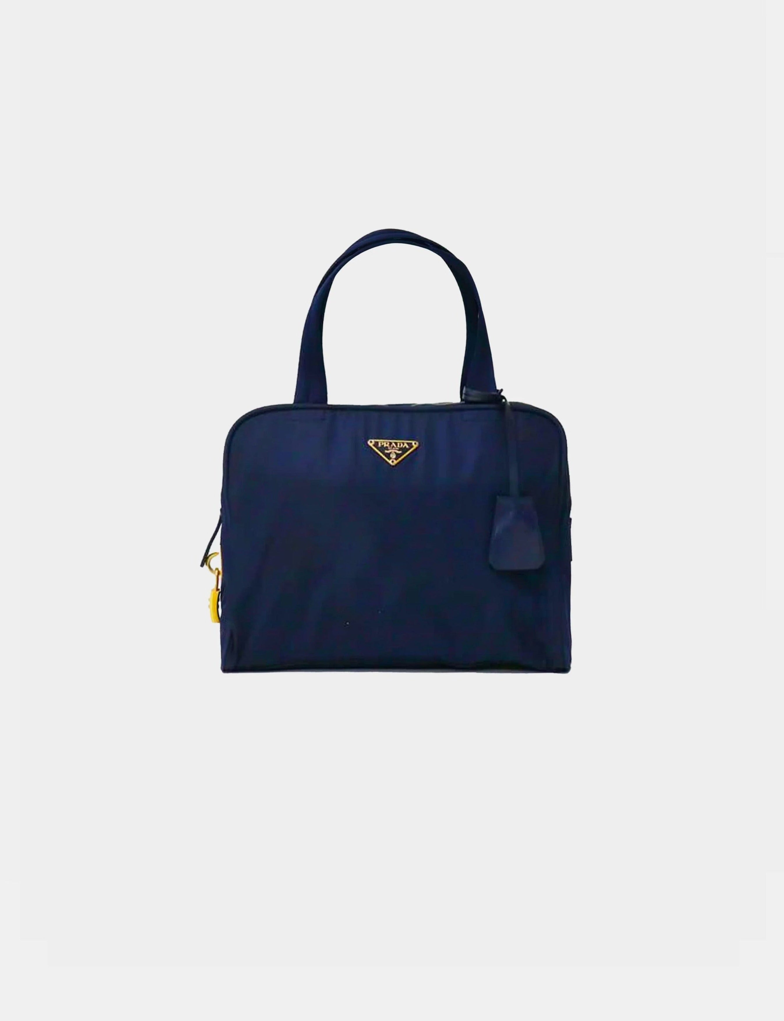 Navy Blue Nylon & Leather Tote Bag
