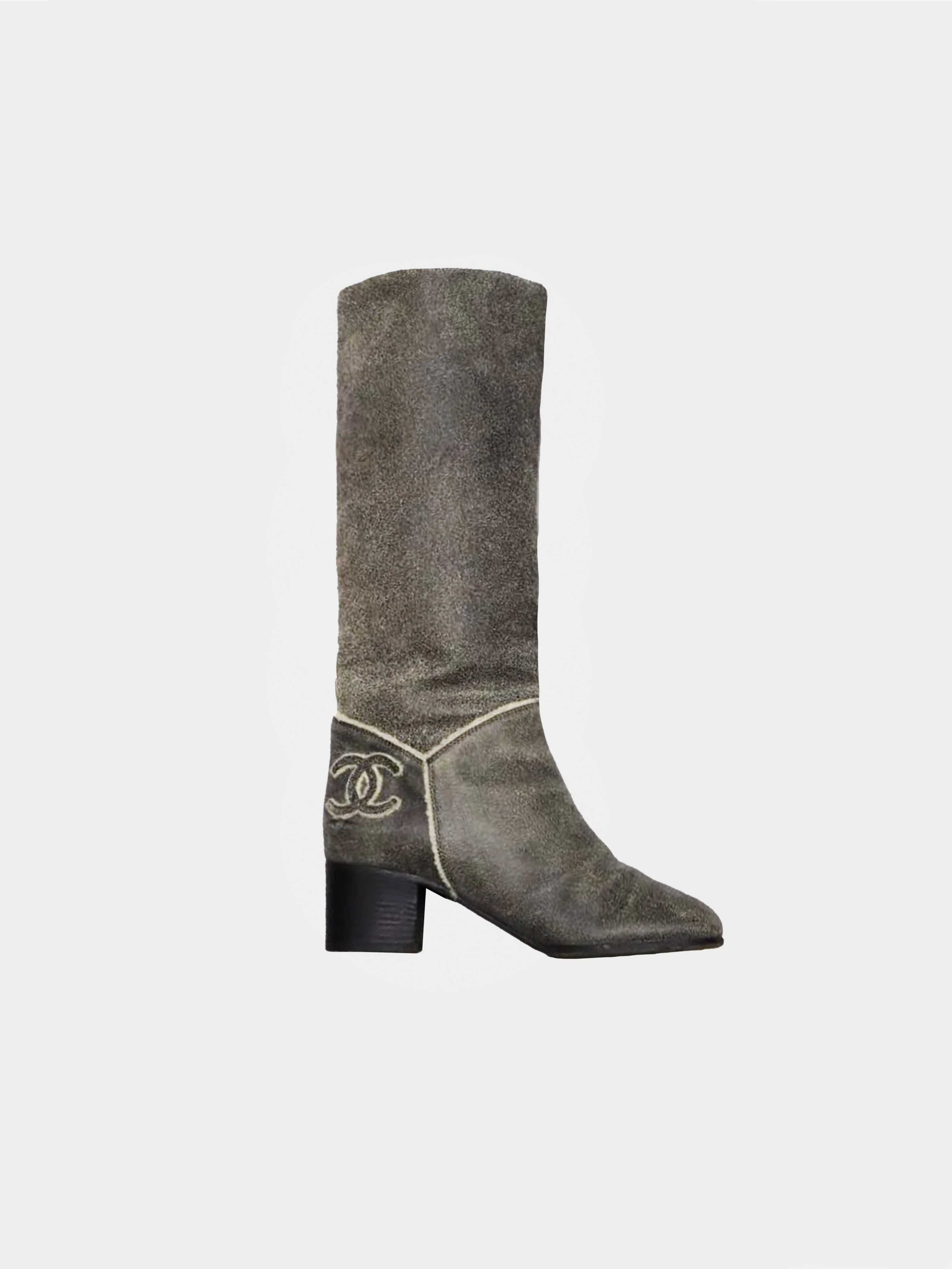 Chanel 2010s Shearling Logo Knee High Boots