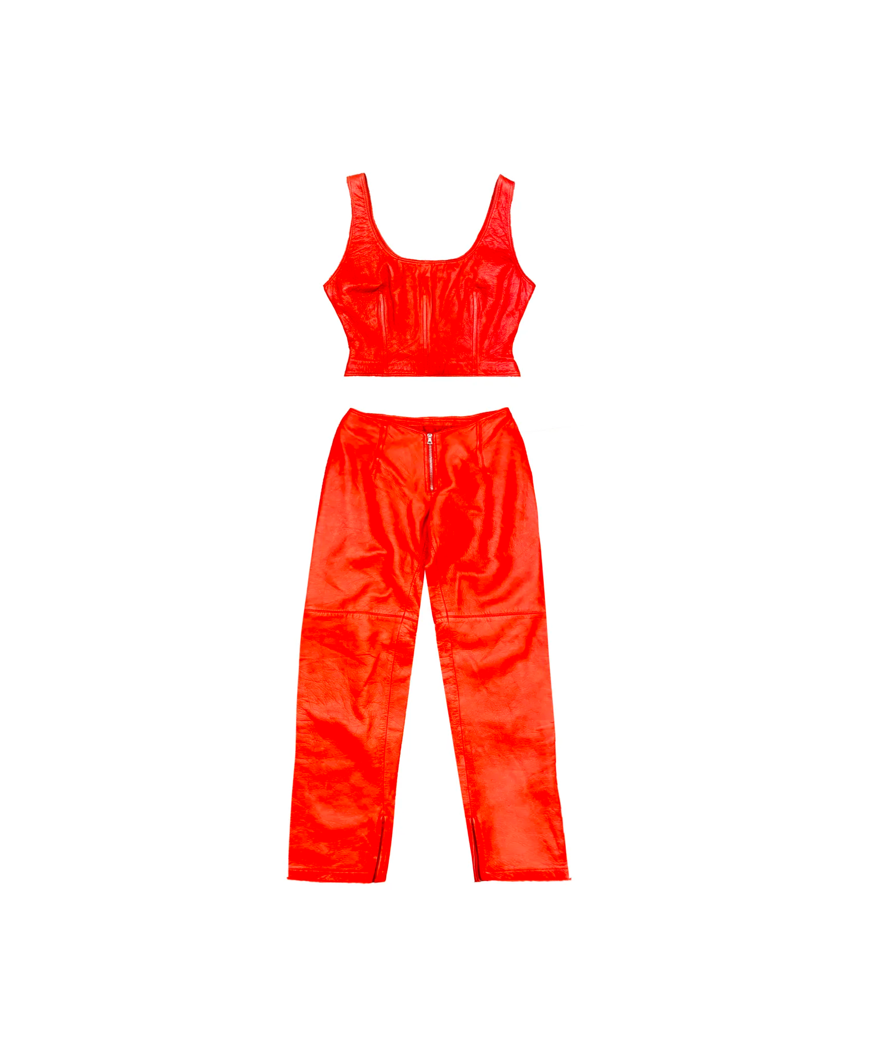 Gianni Versace 1980s Coral Red Leather Corset and Pants Set