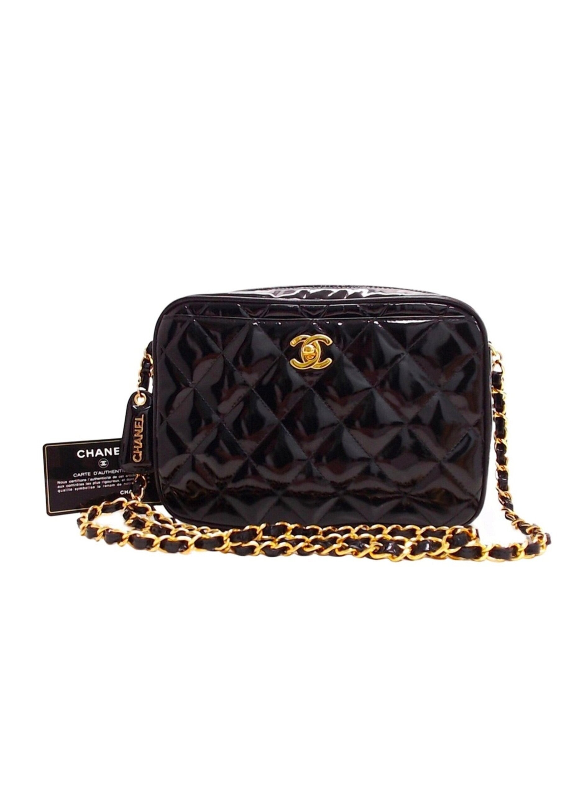 Chanel Vintage Black Quilted Black Patent Leather Mini Shoulder Bag