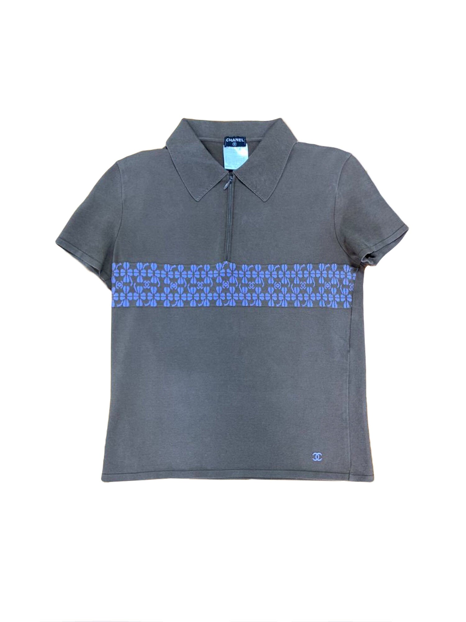 Chanel 2000s Grey Knit Clover CC Polo Shirt · INTO