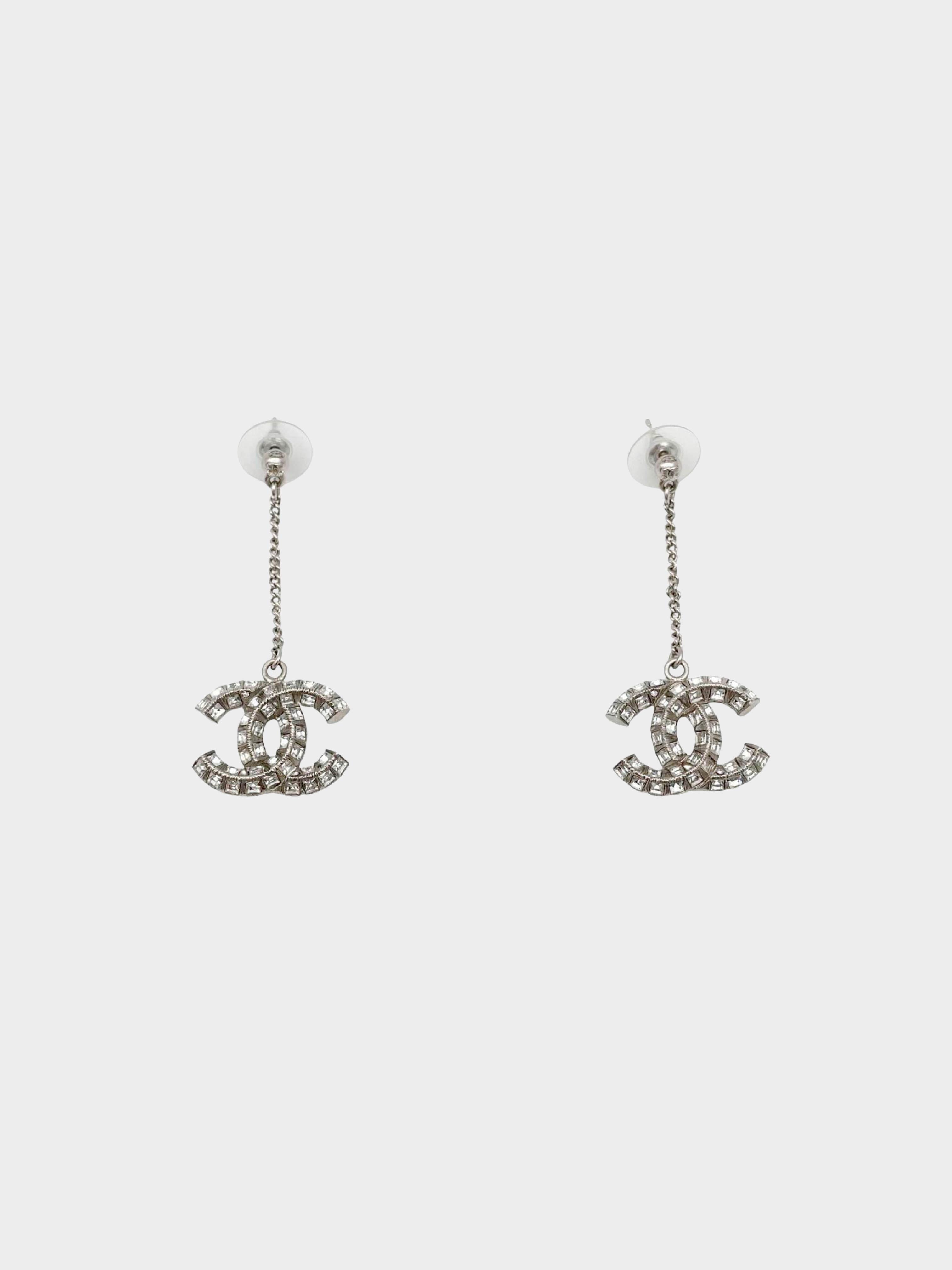 Chanel CC Crystal Silver Drop Earrings · INTO