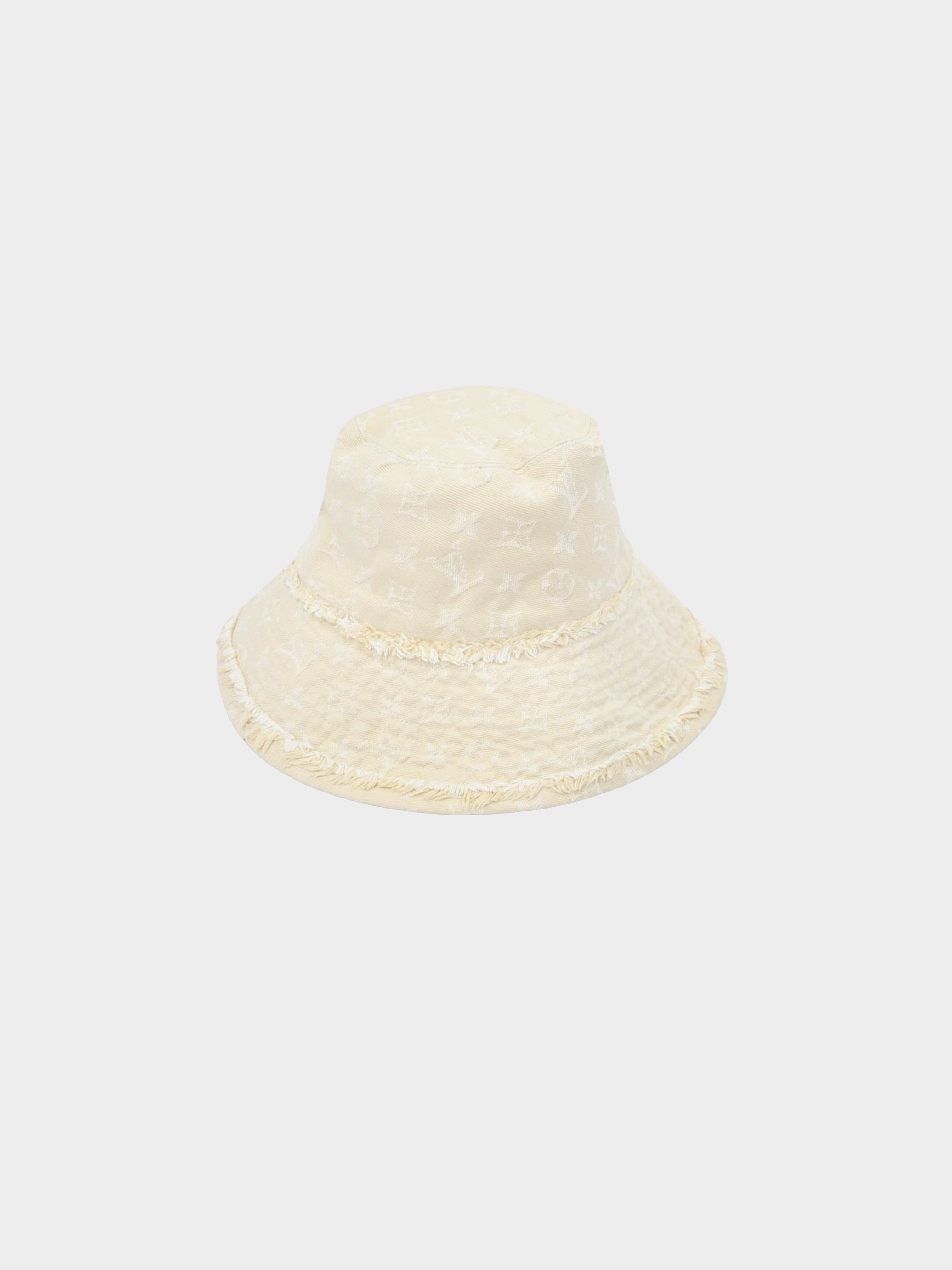 Louis Vuitton 2000s Cream Distressed Denim Bucket Hat · INTO