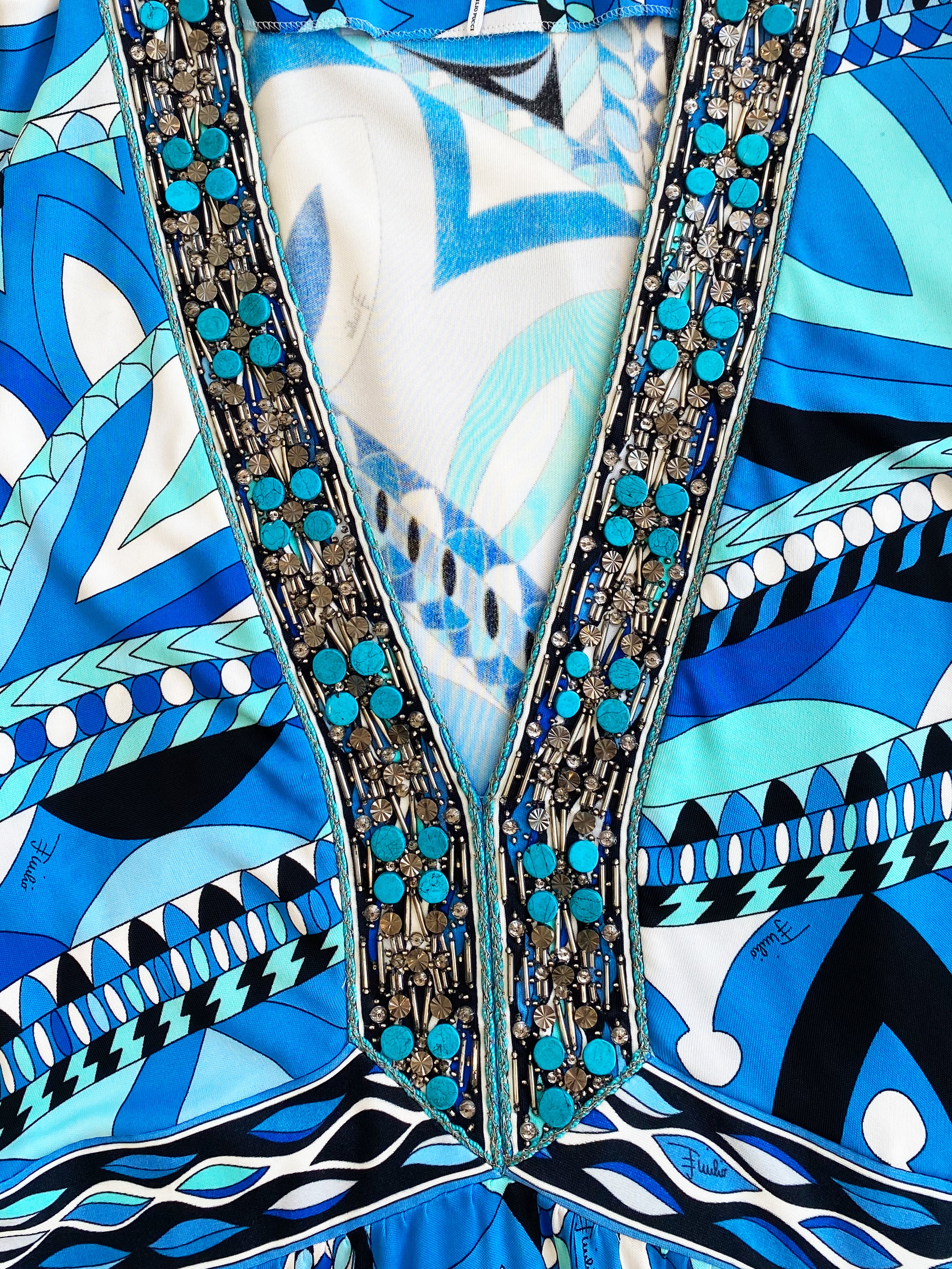 Emilio Pucci 2000s Blue and Turquoise Dress with Beaded Collar · INTO