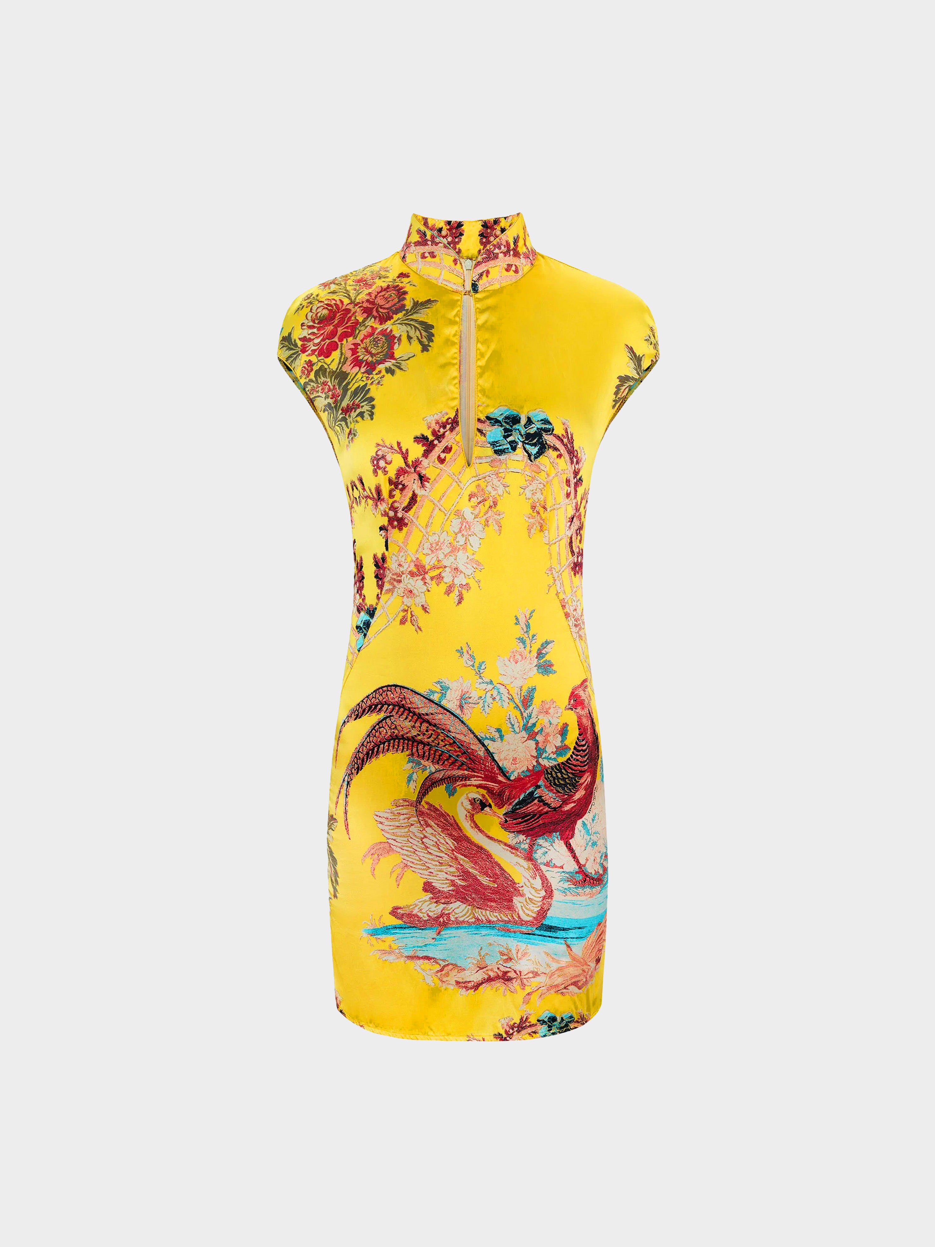 Roberto Cavalli Spring 2003 Yellow Silk Bird Patterned Dress · INTO