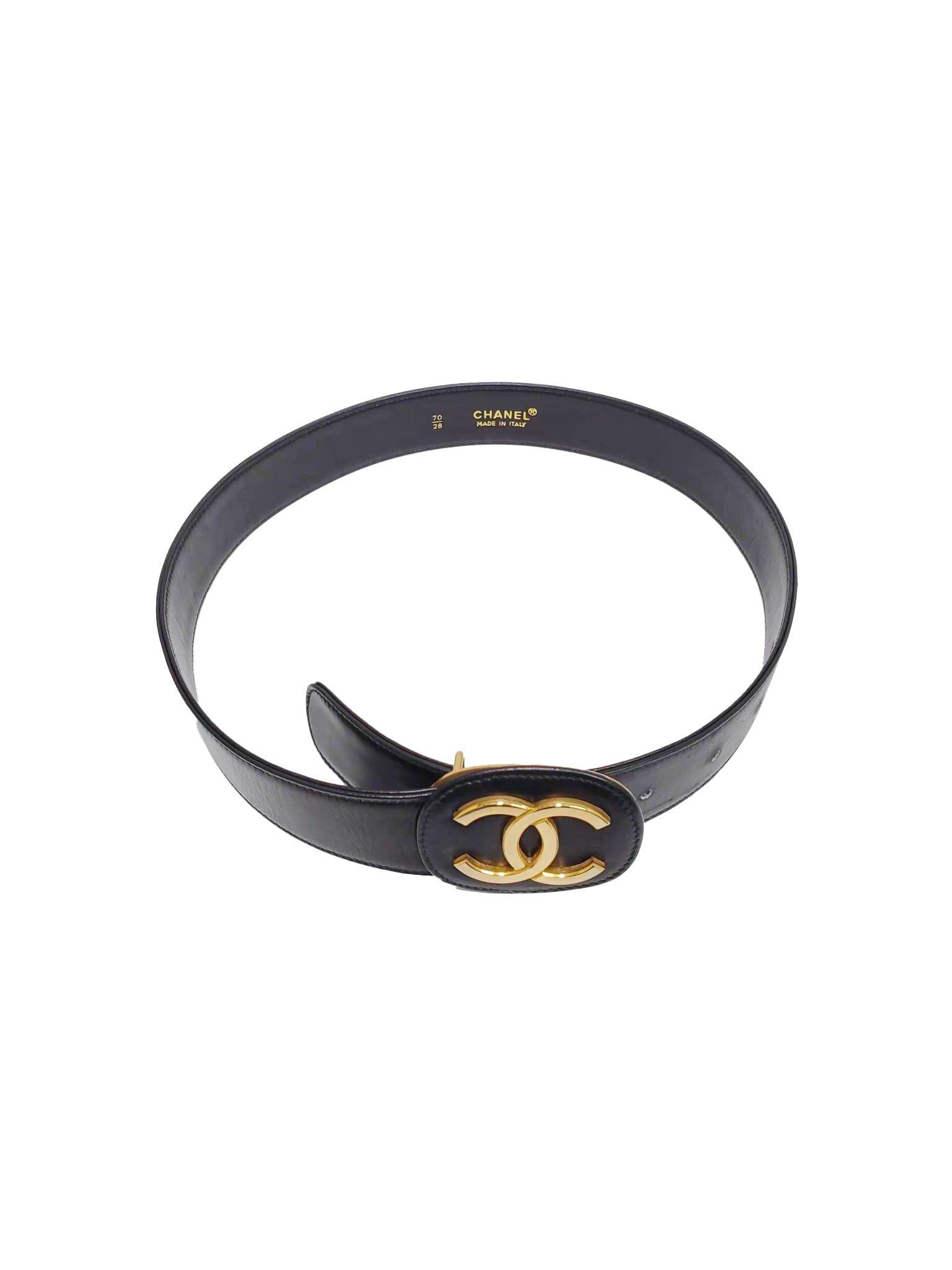 Chanel 2000s Gold Logo Black Leather Belt