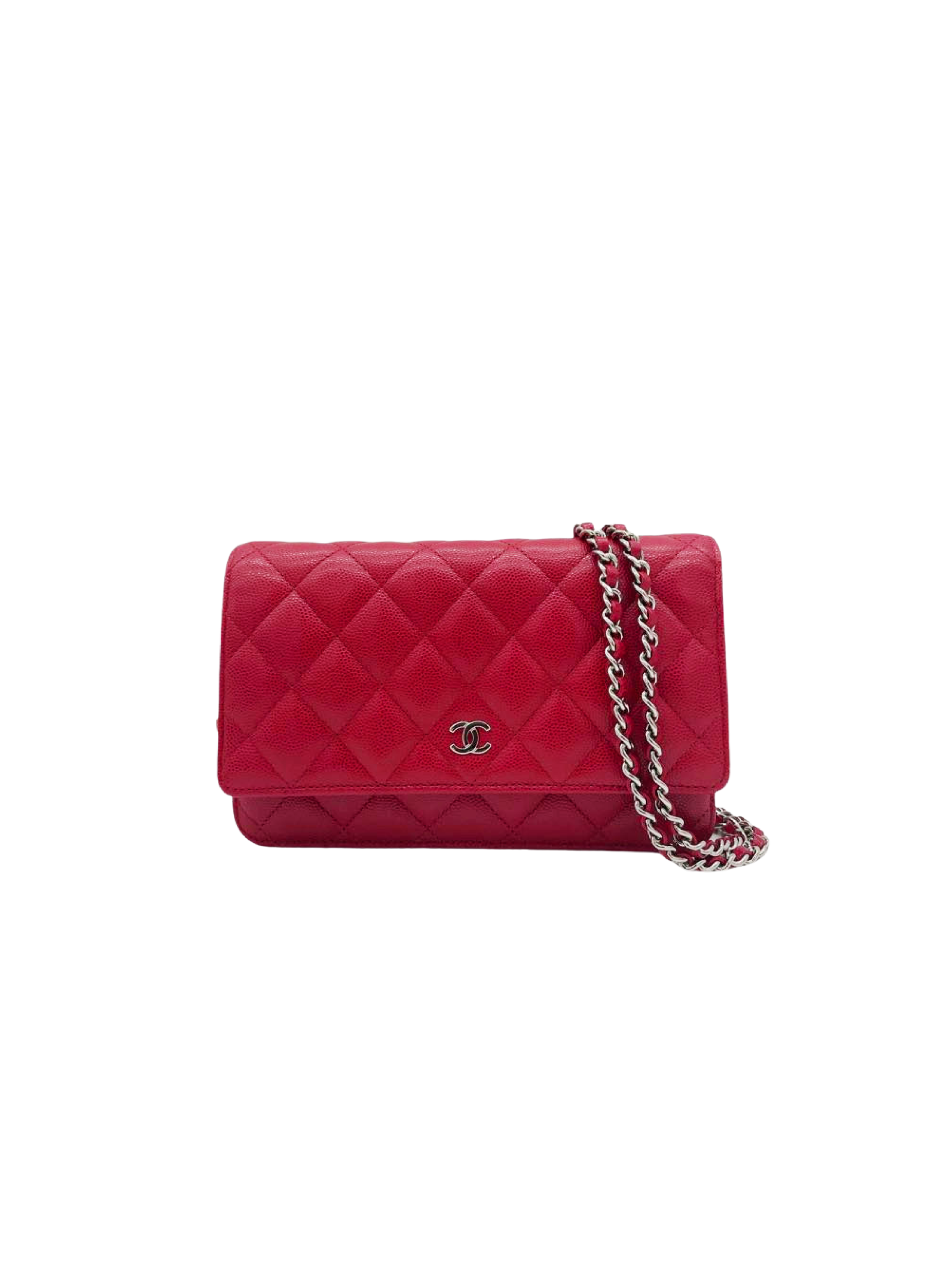 Chanel 2016 Red Matrasse Caviar Skin Silver Chain Wallet Bag