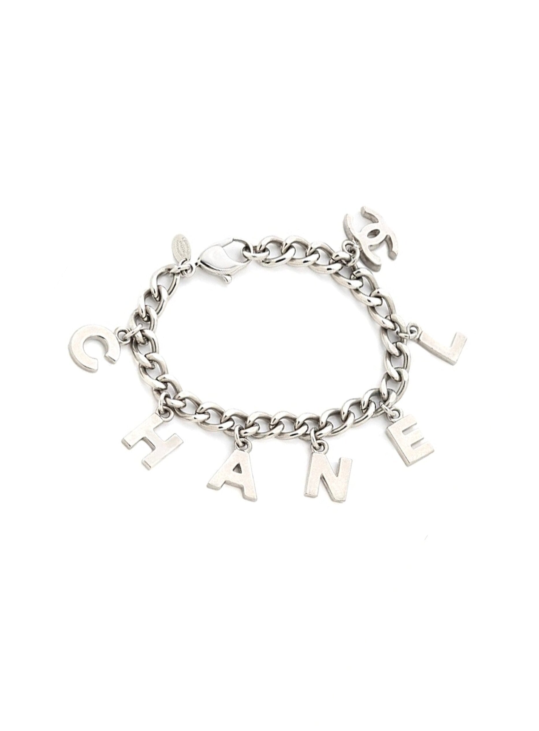 Chanel large rhinestone letters metal chain bracelet