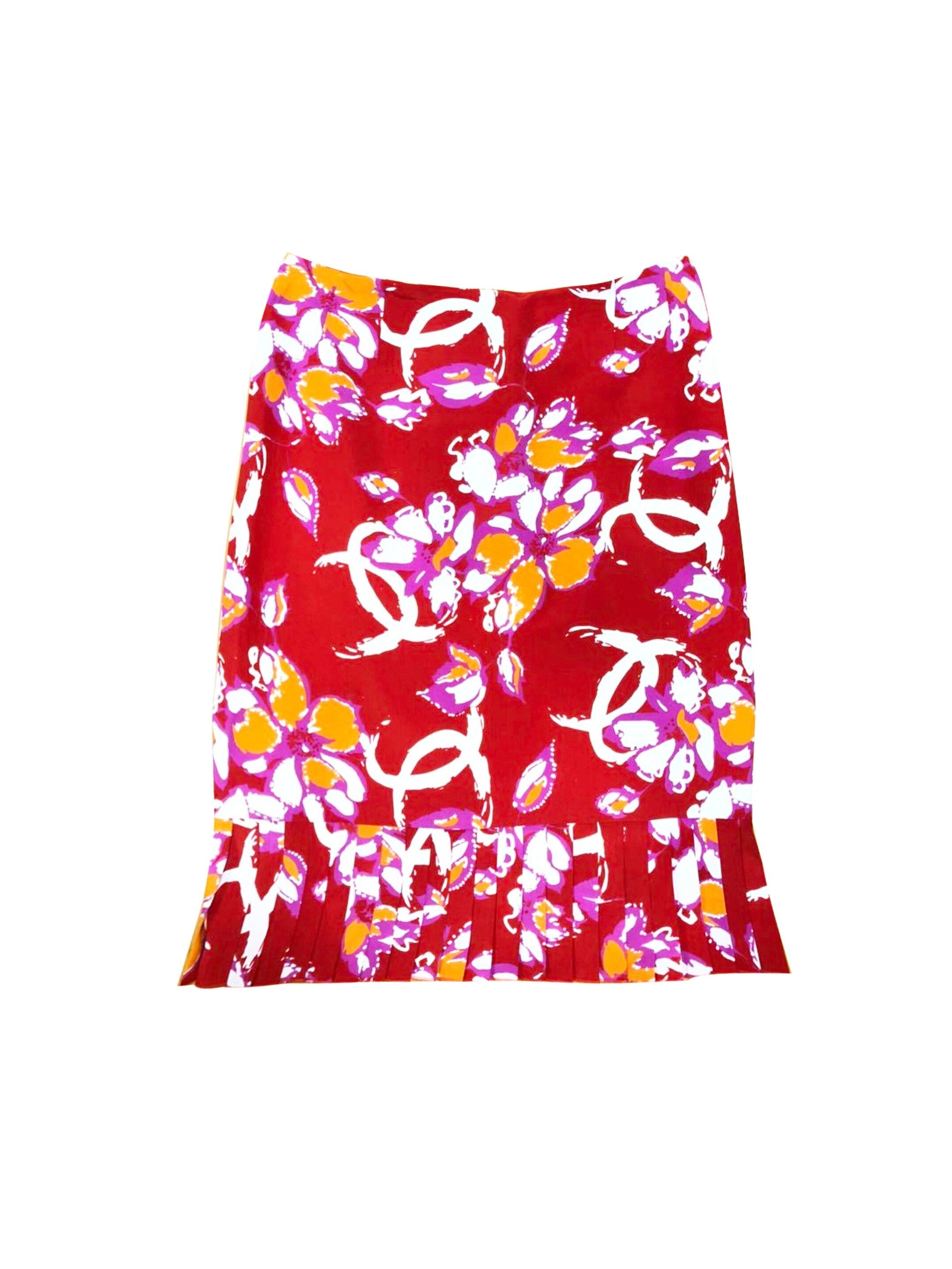 Chanel Rare 2000s SS Tropical Red Floral Skirt