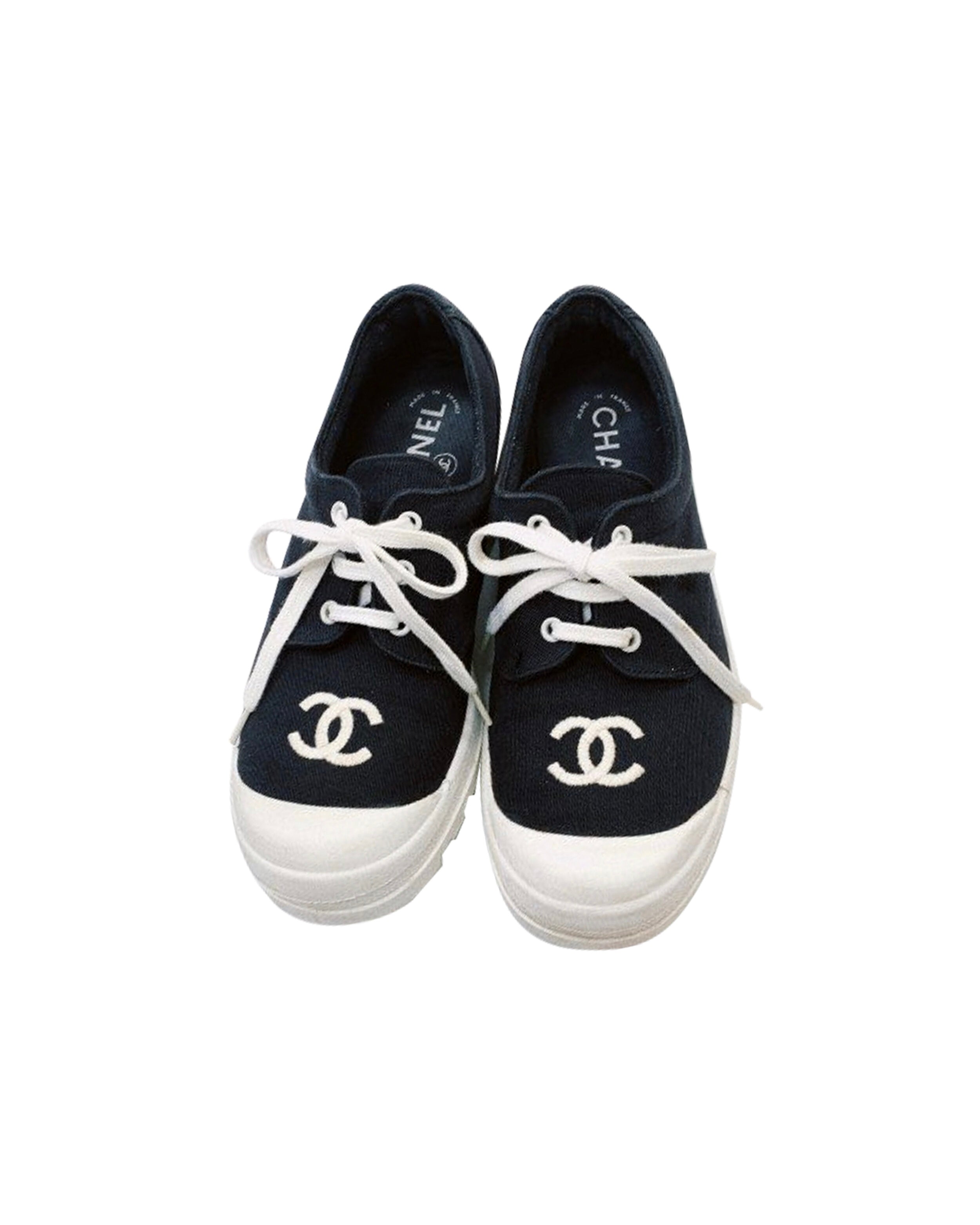 Vintage CHANEL CC Logos White Black Fabric Sneakers Trainers 