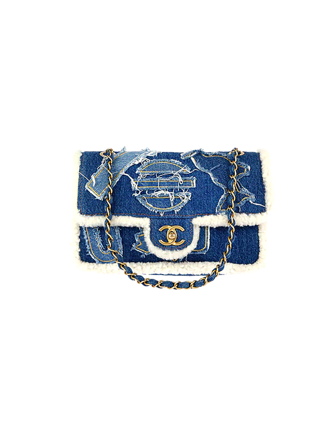 Chanel 17S Denim Rainbow Stitched Robot Charm Medium Flap Bag