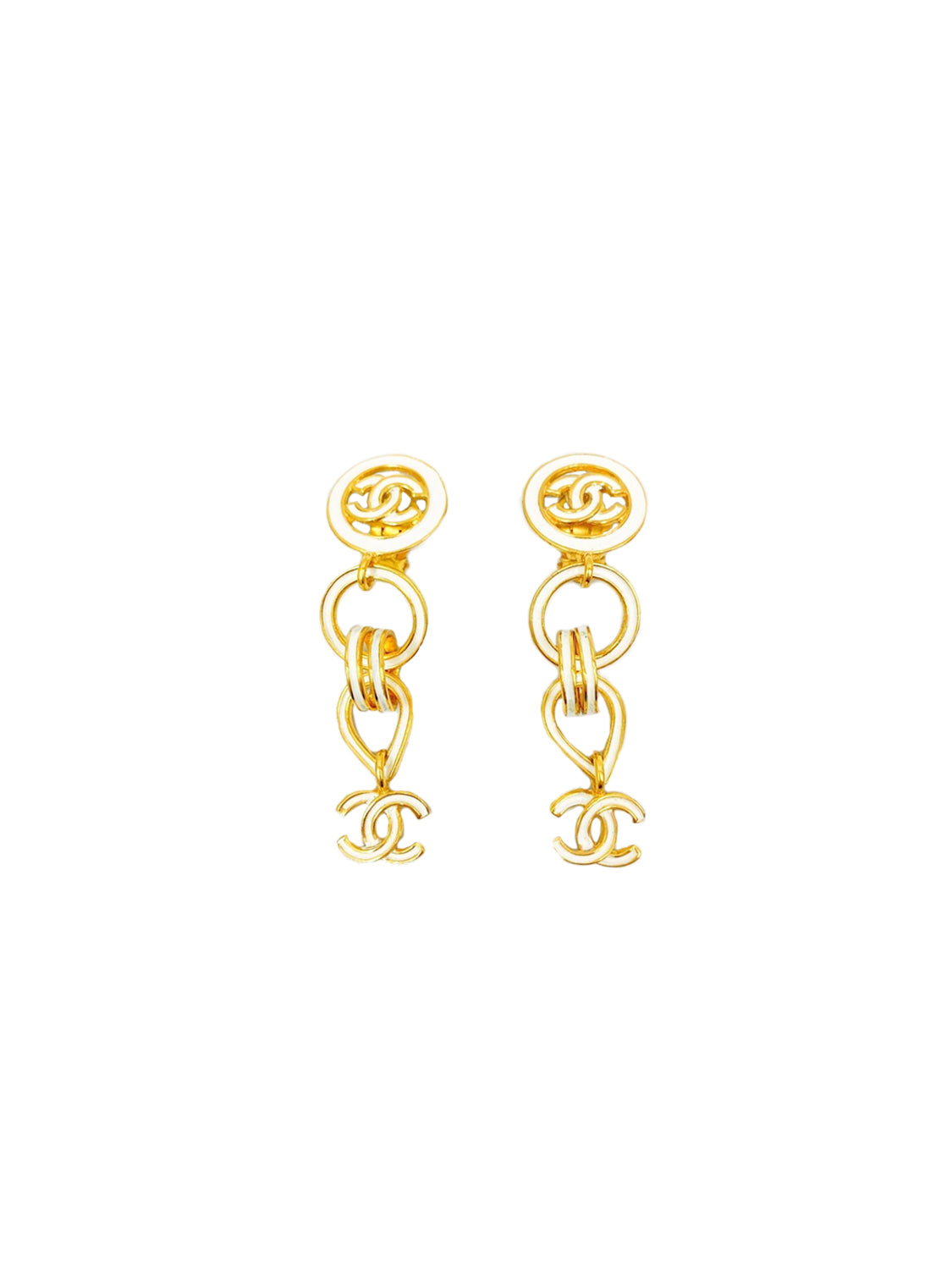 Chanel White and Gold CC Drop Earrings