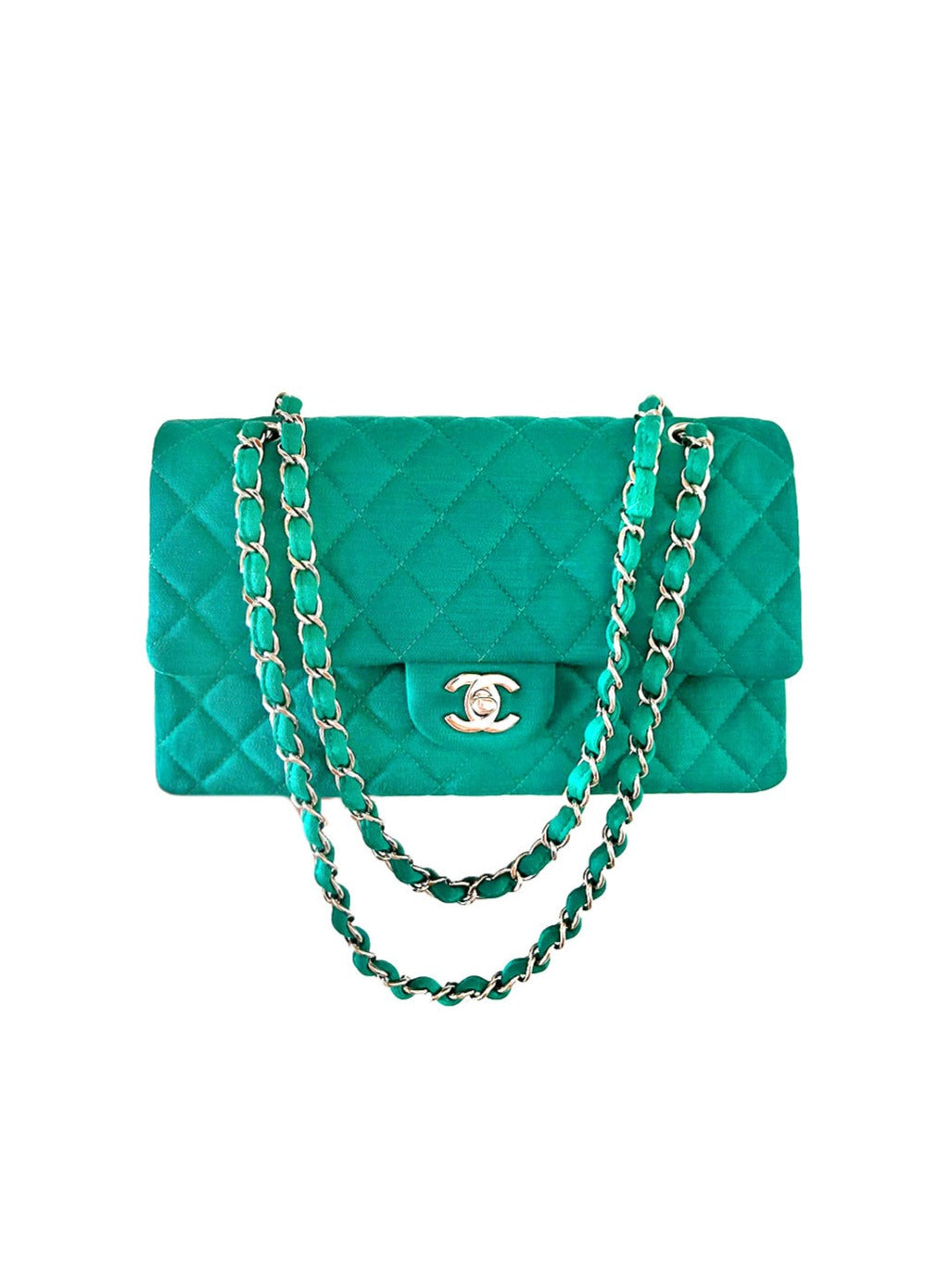 Chanel 2014 Green Cloth Silver Hardware Flap