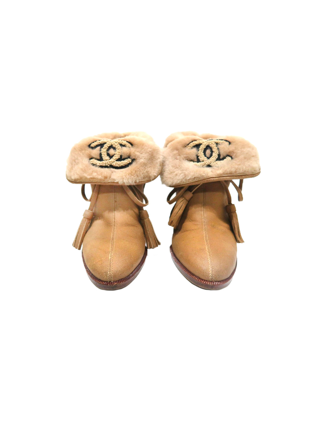 Chanel 2000s Brown Suede Fur Lined CC Heeled Boots