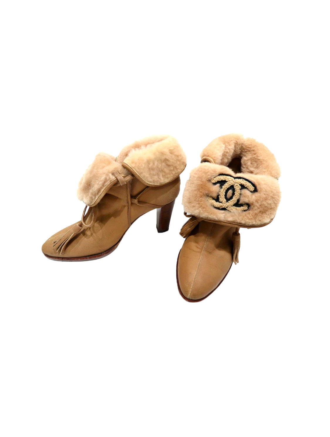 Chanel 2000s Brown Suede Fur Lined CC Heeled Boots