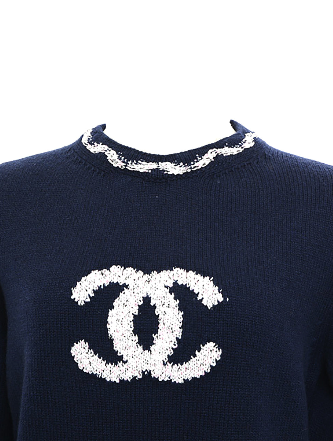 CHANEL CC Logo Cashmere Cardigan Sweater Navy Blue Grey