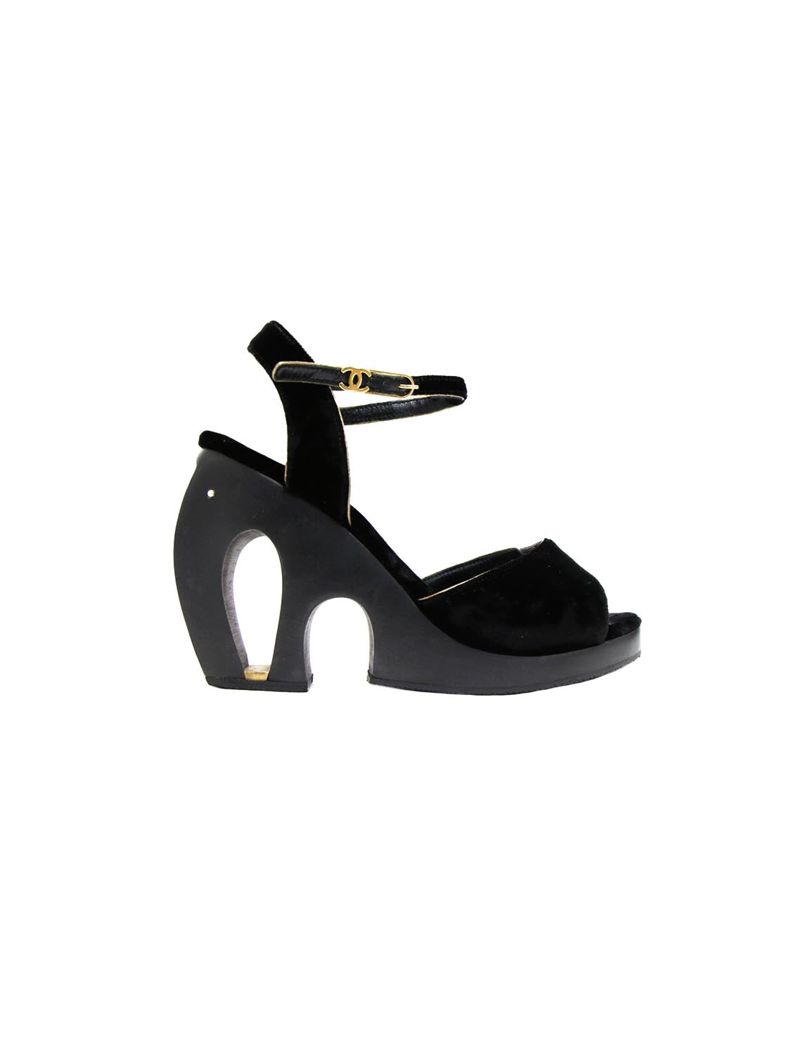 Chanel 2000s Black Velvet Curved Platform Heels · INTO