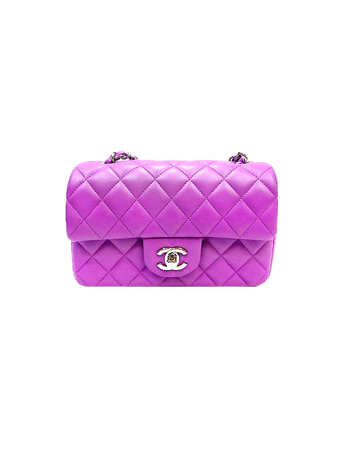 Authentic Chanel Purple Lambskin Mini Square Vanity with Gold Pearl Crush