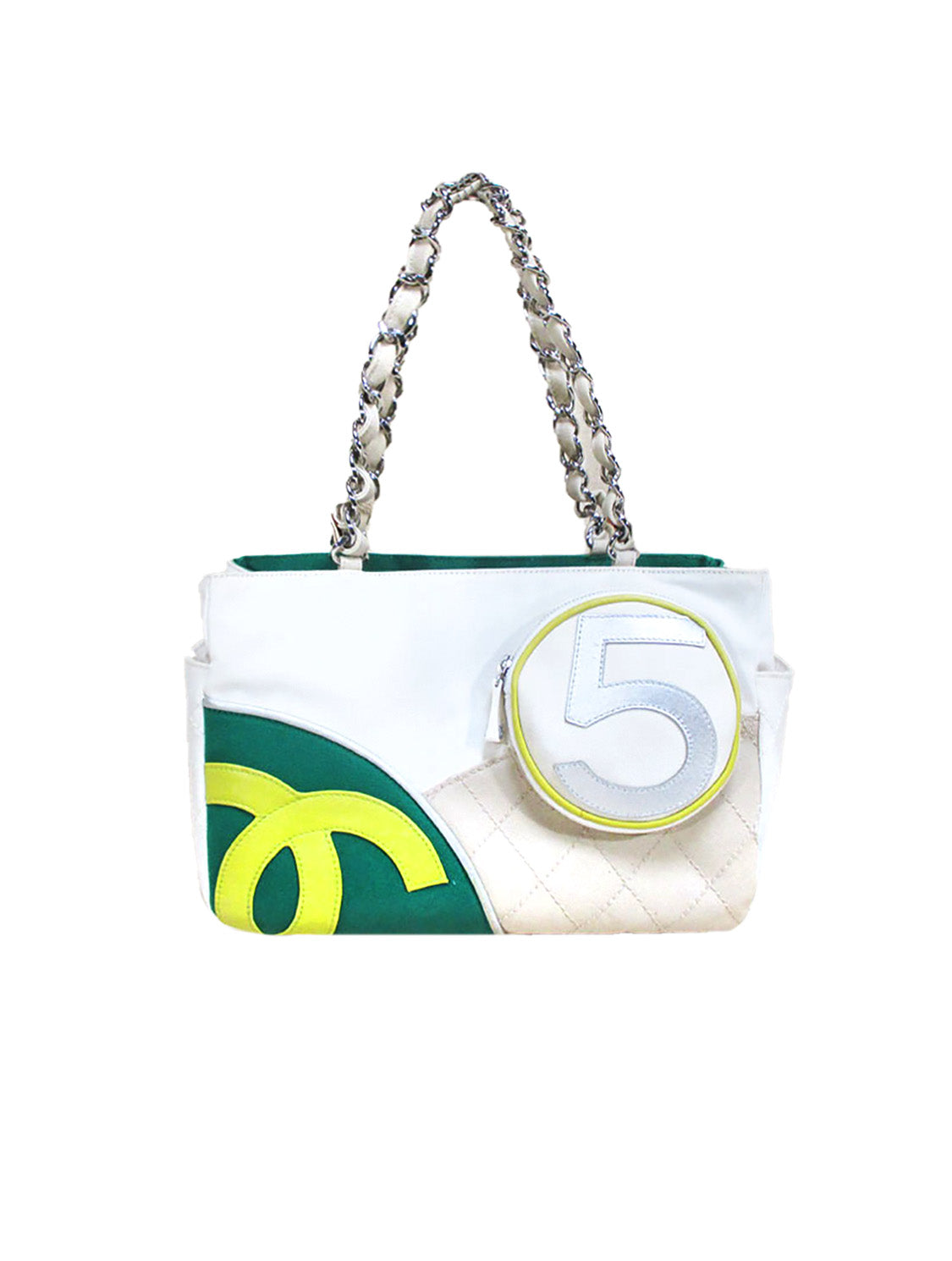 Chanel White and Green Quilted Number 5 Tote Bag