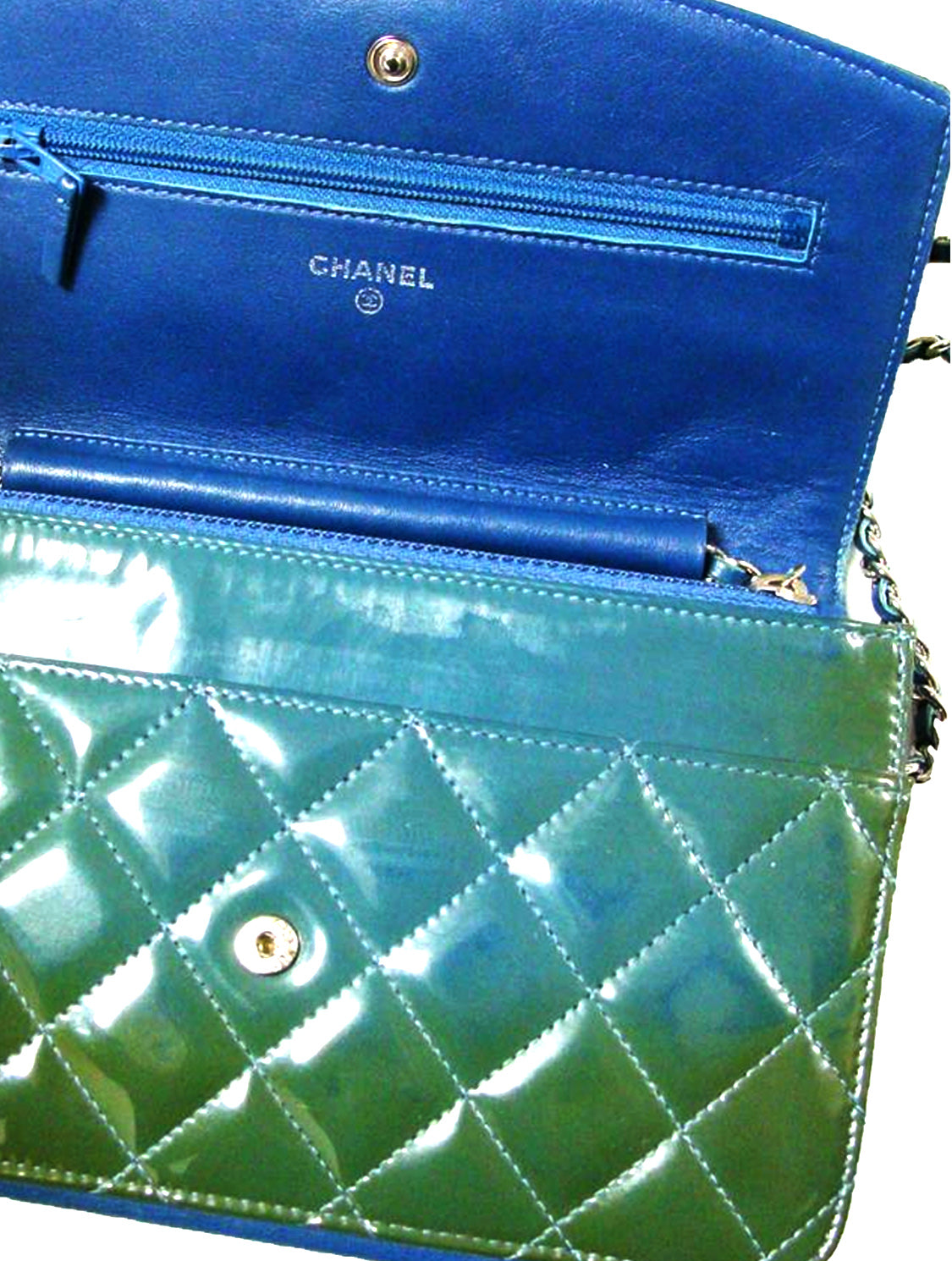 Chanel Teal Patent Leather WOC Wallet on a Chain
