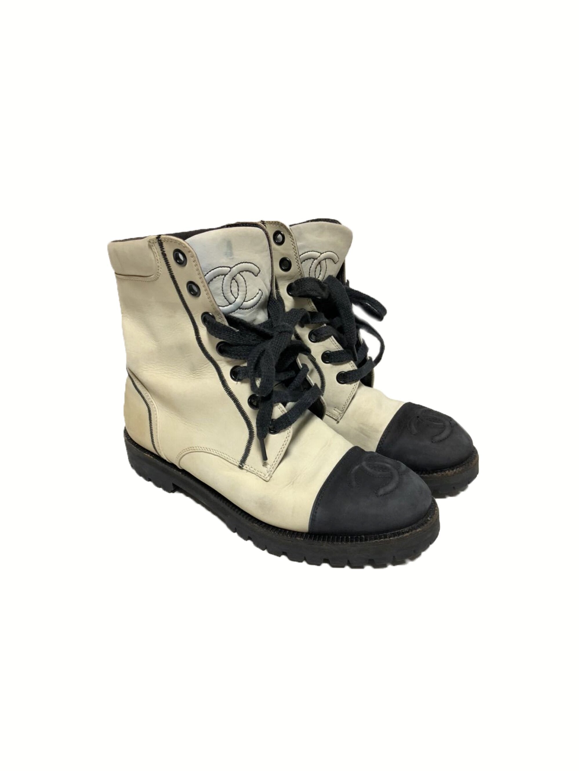 Chanel White and Black Leather Lace-up Boots · INTO