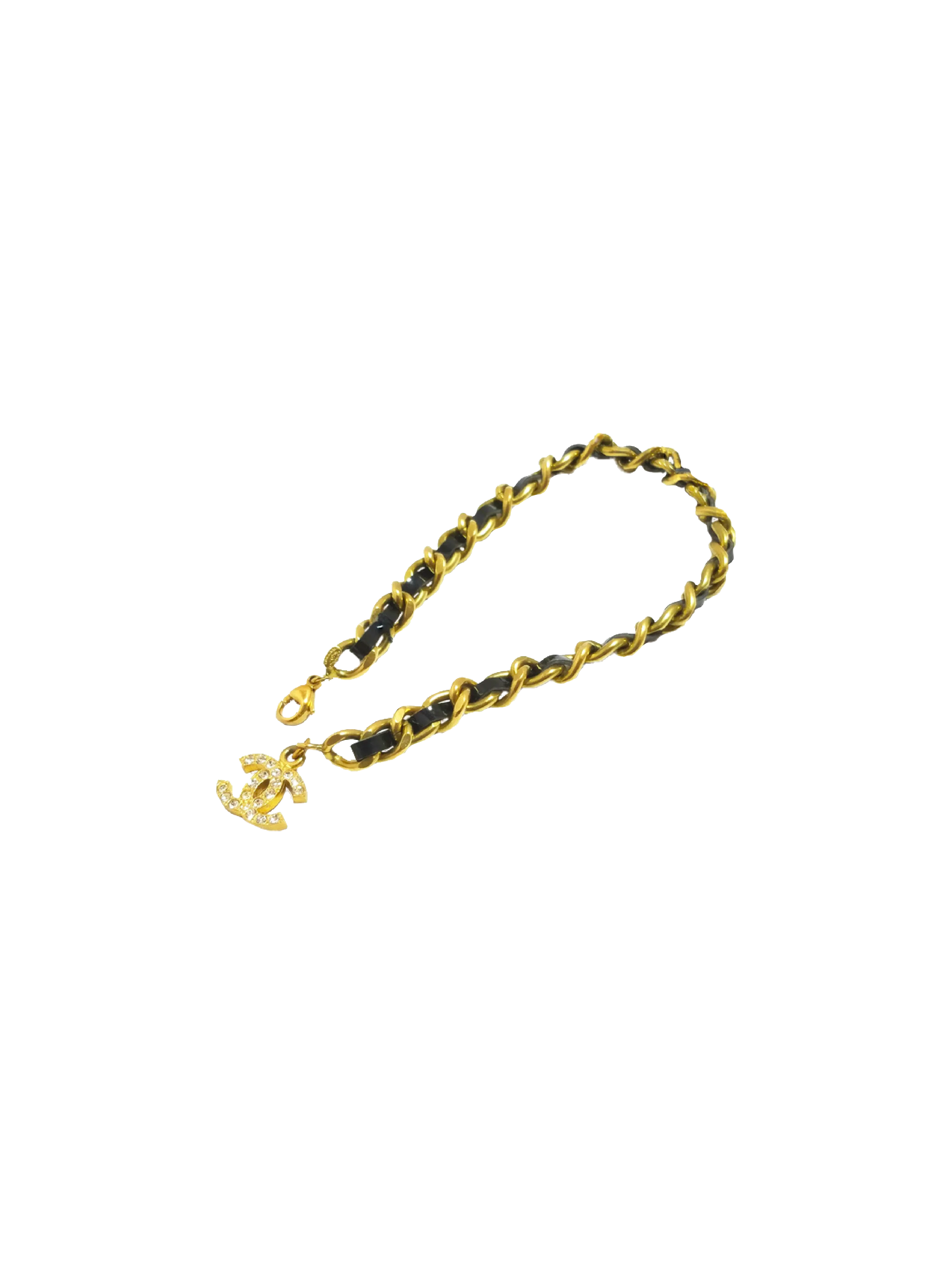 Chanel SS 1995 Rare Leather-Woven Gilt Chain Cuff Bracelets · INTO
