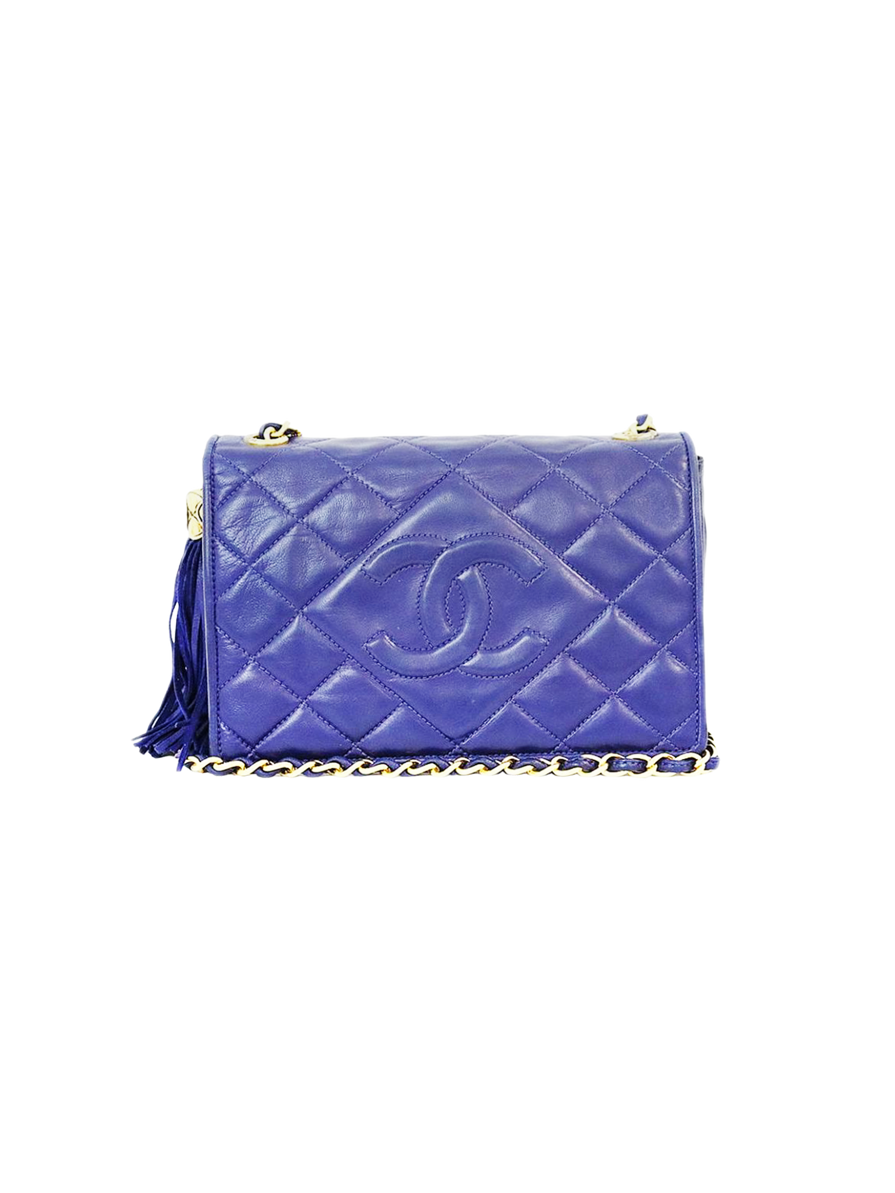 Vintage CHANEL Quilted Matelasse CC Logo Navy Lambskin Chain