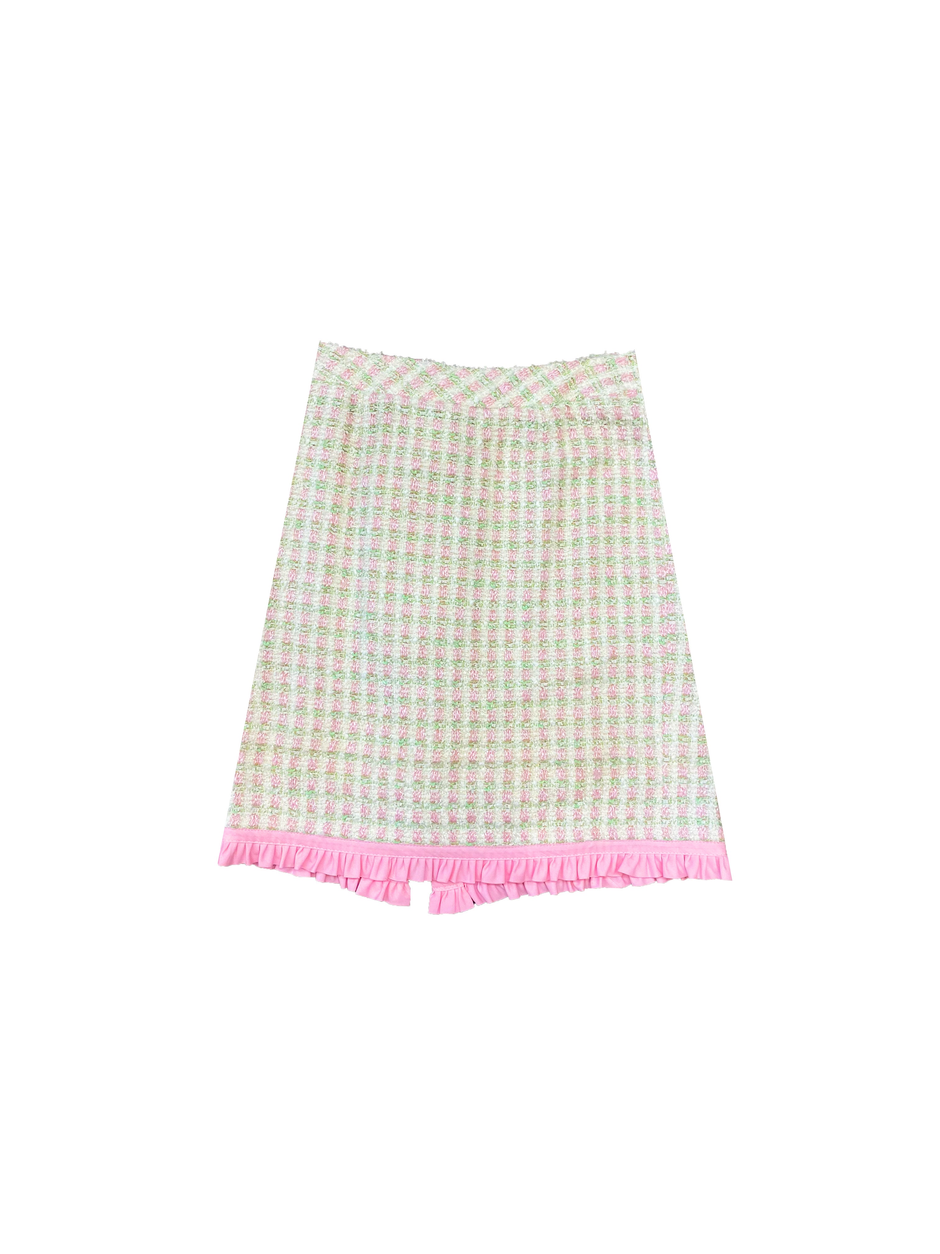 Chanel Black, Pink and Green Tweed Top and Mini Skirt Set with