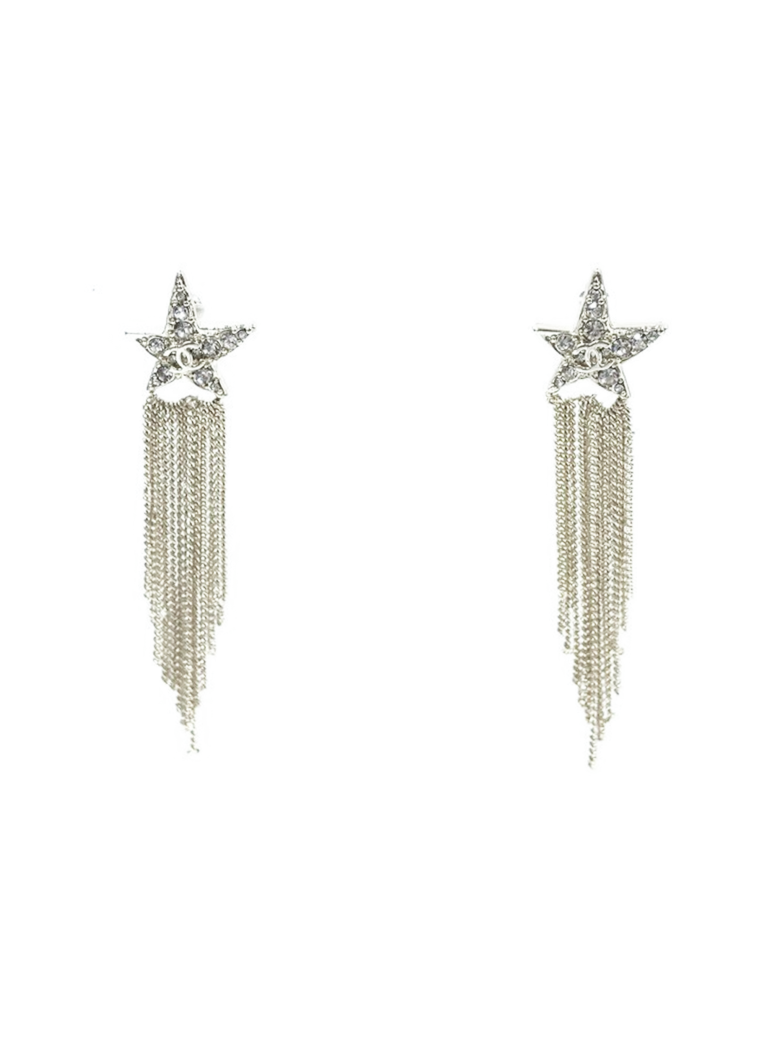 Chanel Siver Star Rhinestone Dangle Earrings