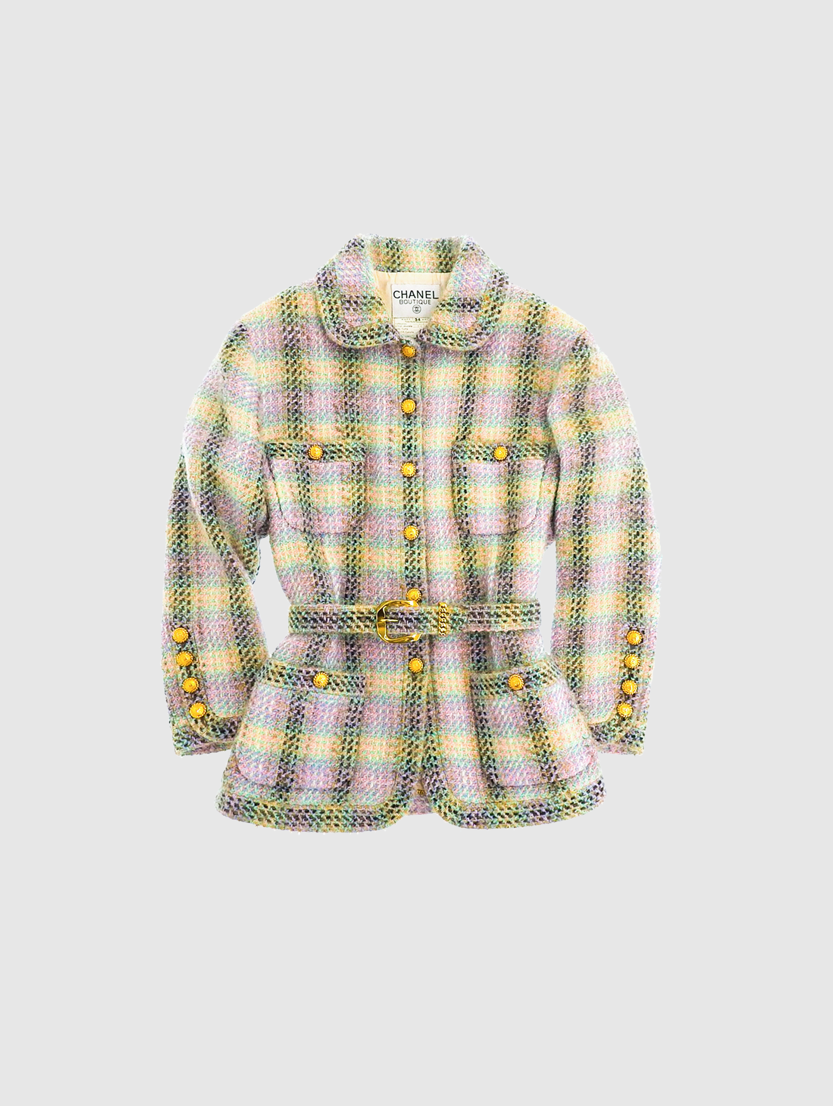 Chanel 1980s Boutique Button Belted Multicolor Tweed Jacket