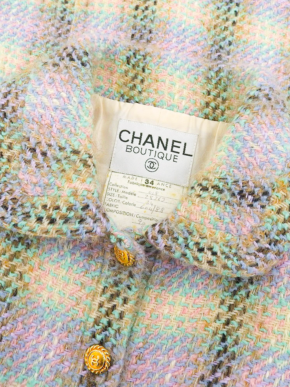 Chanel 1980s Boutique Button Belted Multicolor Tweed Jacket