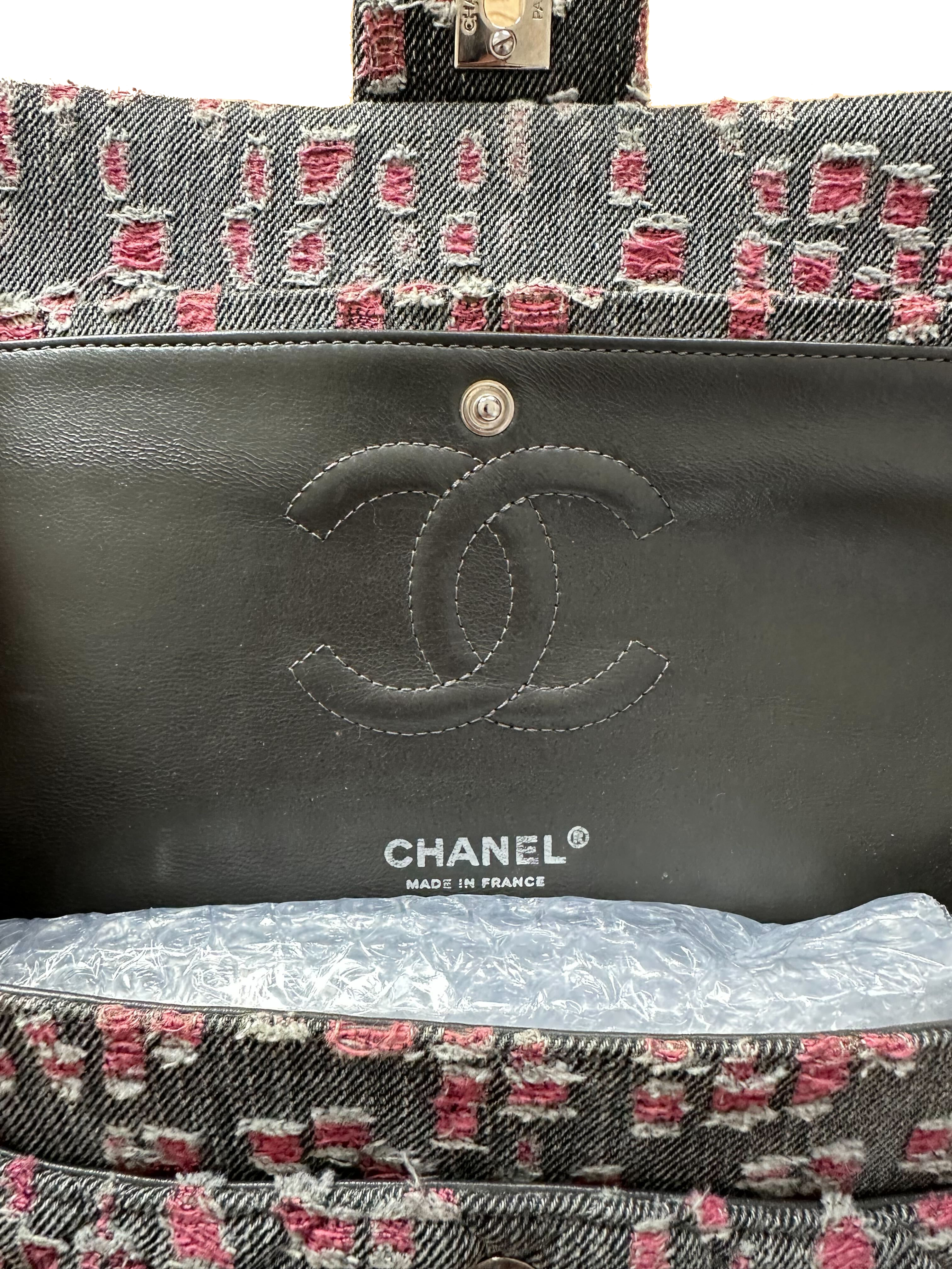 Chanel Medium Flap Bag Pink Patchwork Tweed Silver Hardware