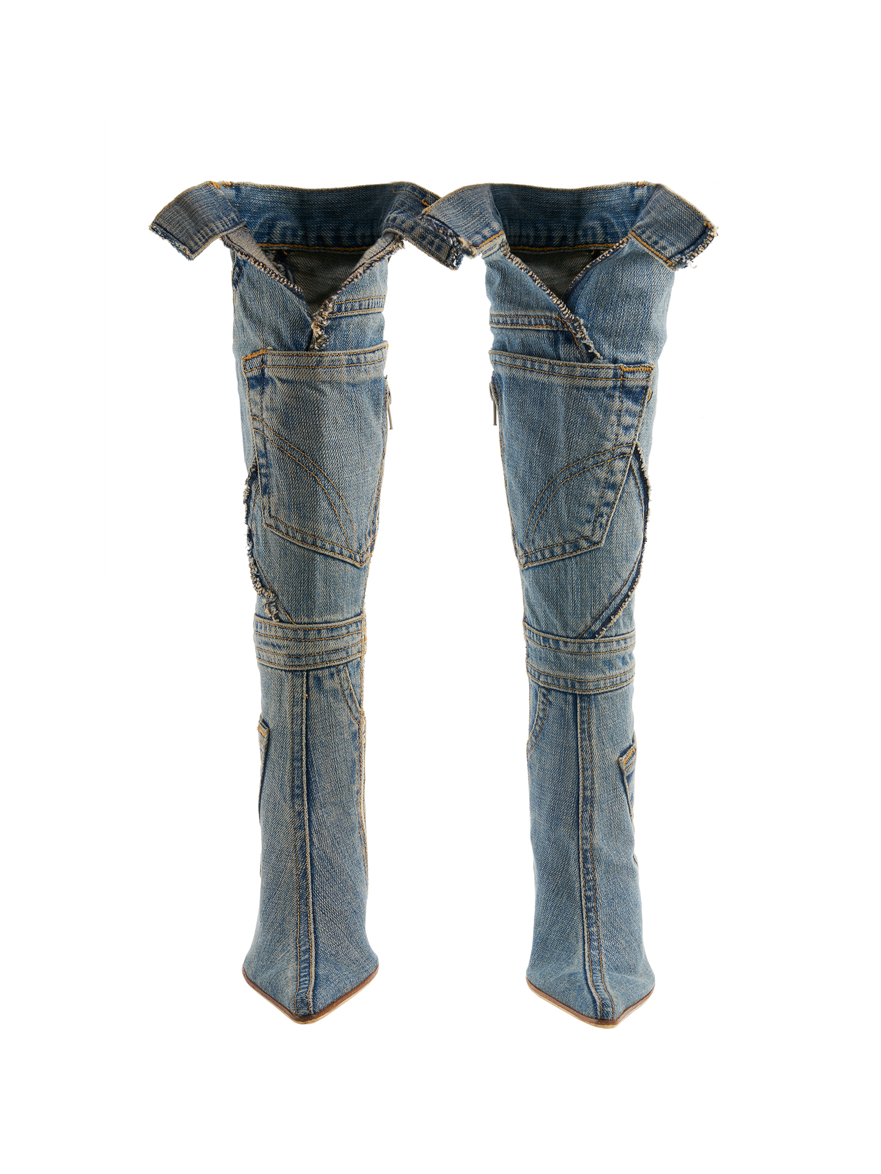 Dolce and Gabbana Early 2000s Distressed Denim Knee-high Pointy-toe Boots