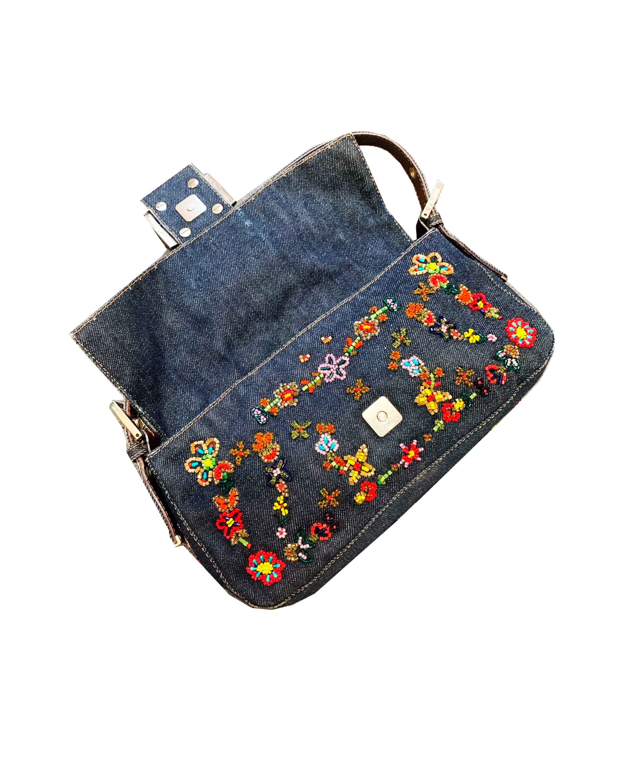 Vintage Fendi Mamma Baguette Bag Ricami Denim Floral Beaded Silver Hardware