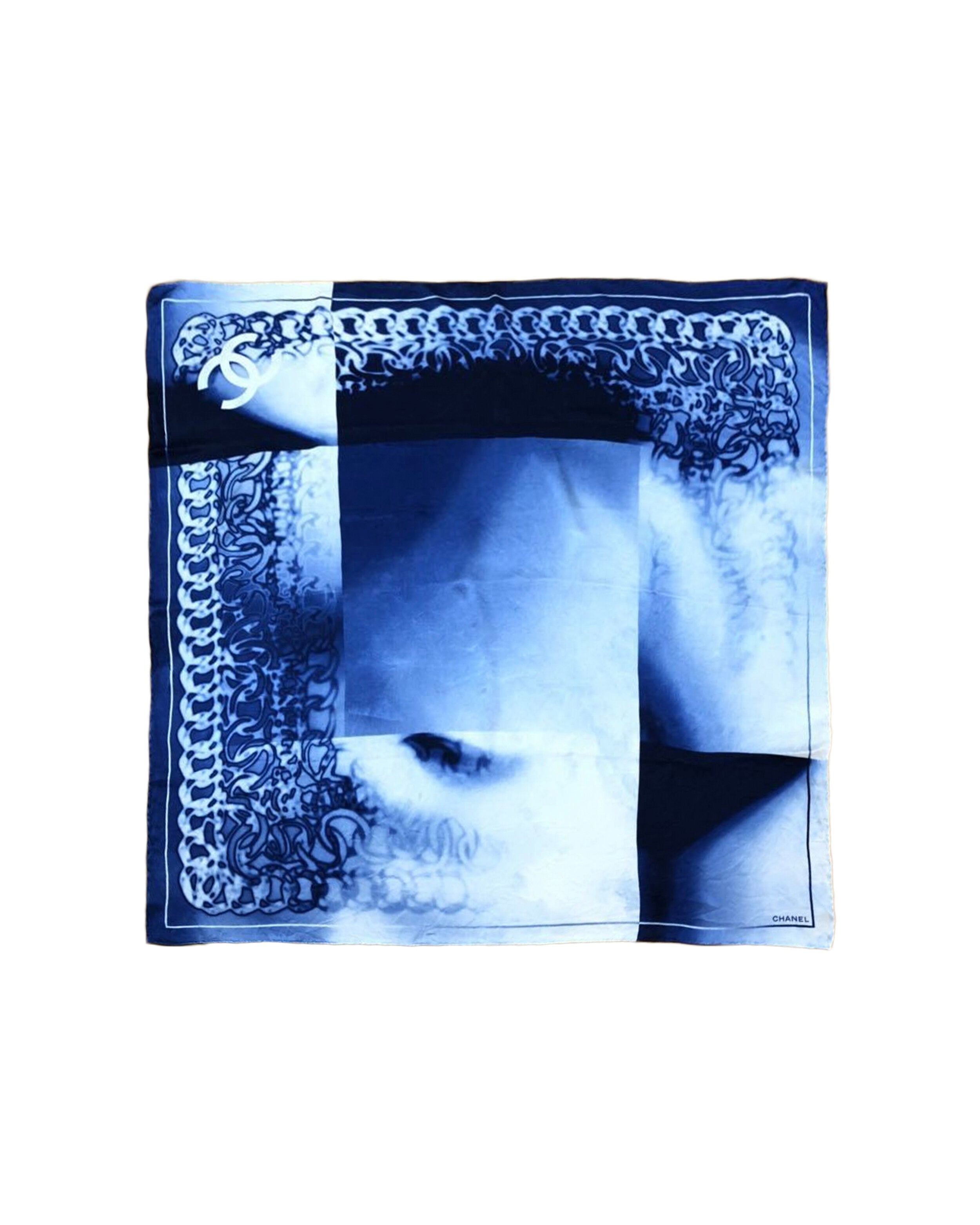 Chanel 2000s Rare Blue Gradient Chain Silk Scarf
