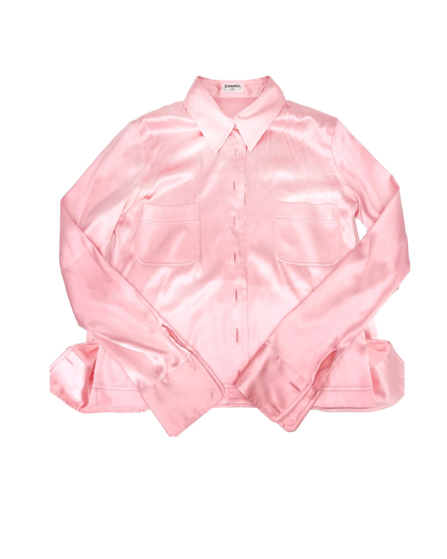 CHANEL Boutique 80s Pink Silk Blouse With CC Buttons And Bow FR42