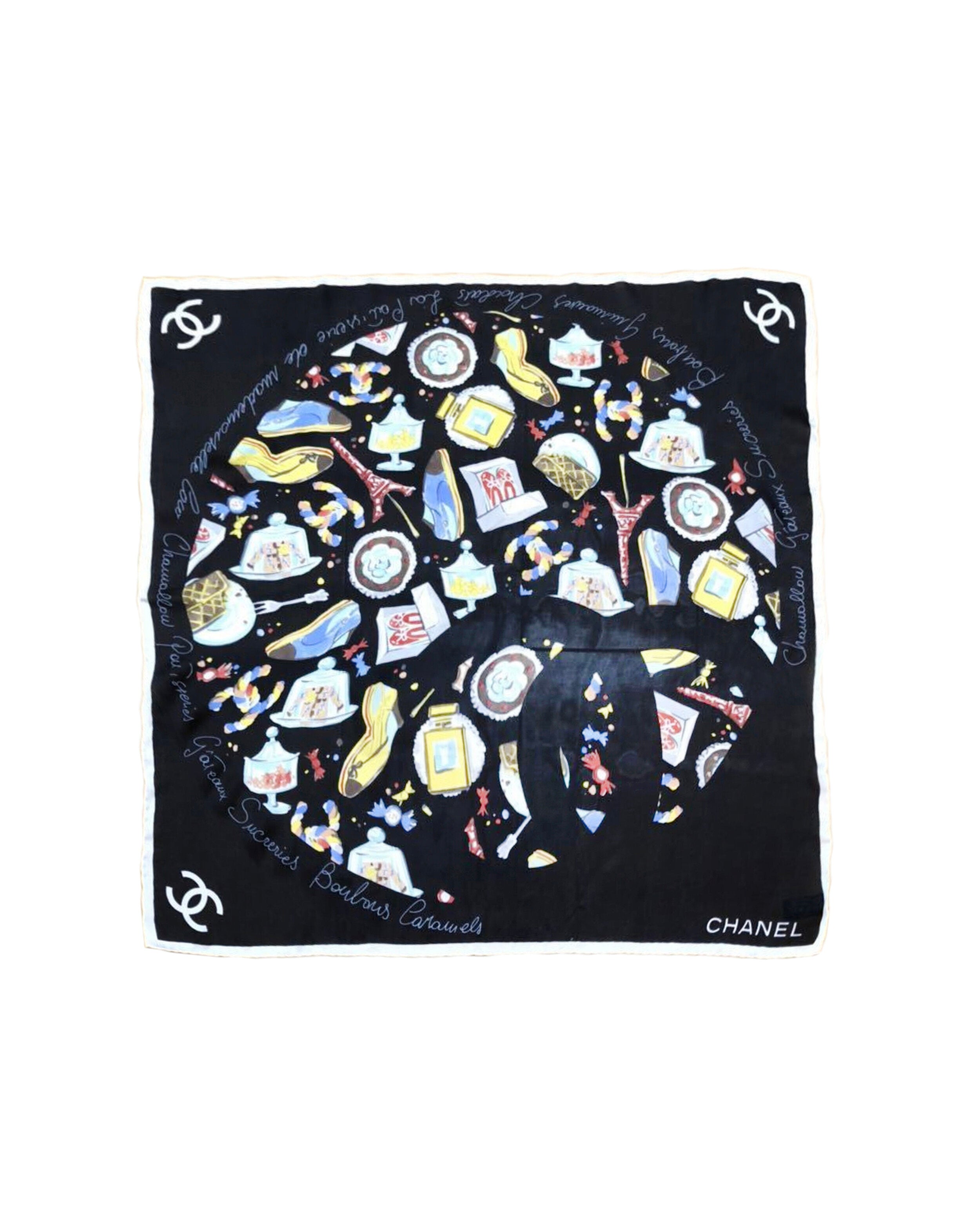 Chanel 2000s Black Flight Pattern Silk Scarf