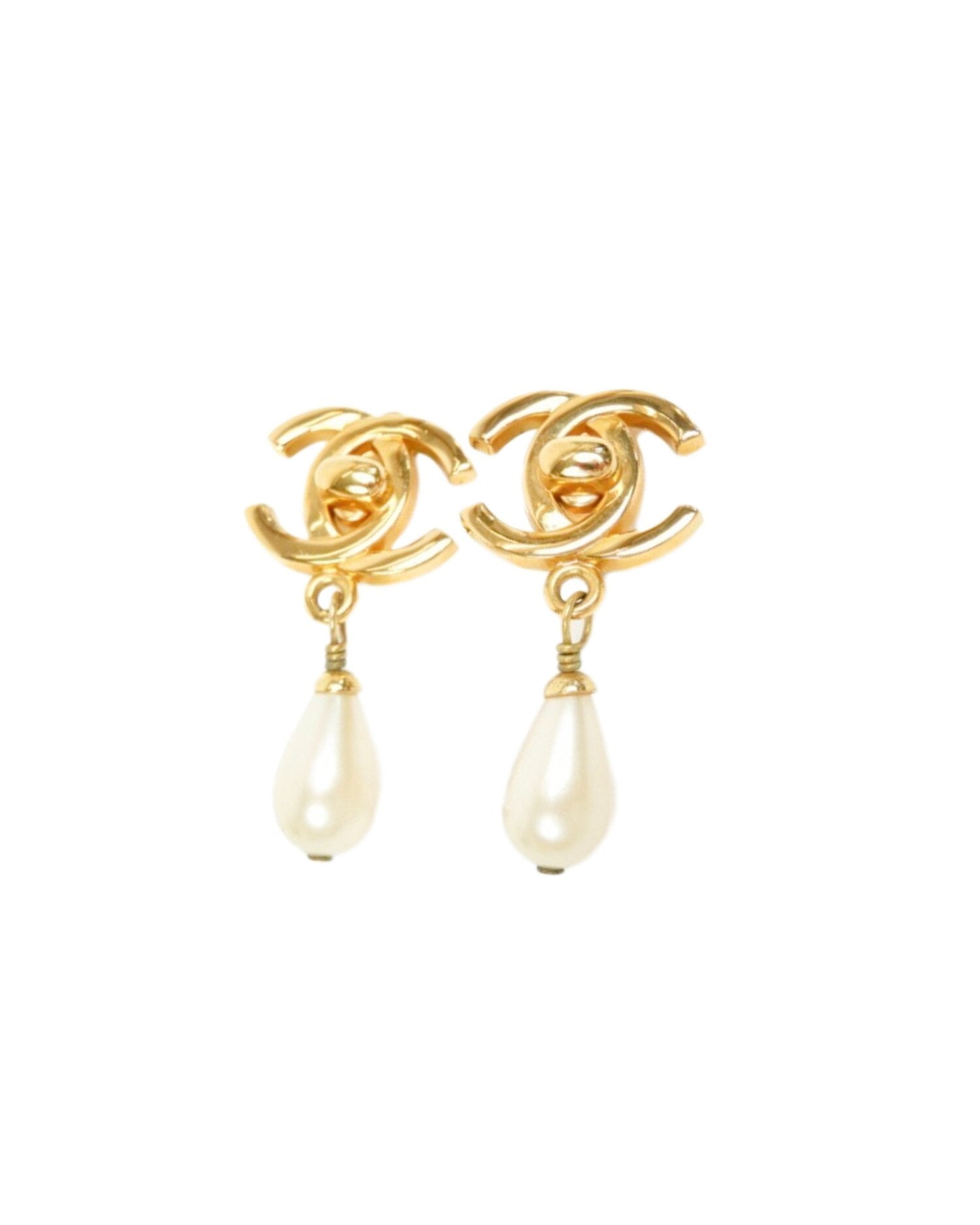 Chanel 2000s Pearl Gold Turnlock CC Earrings