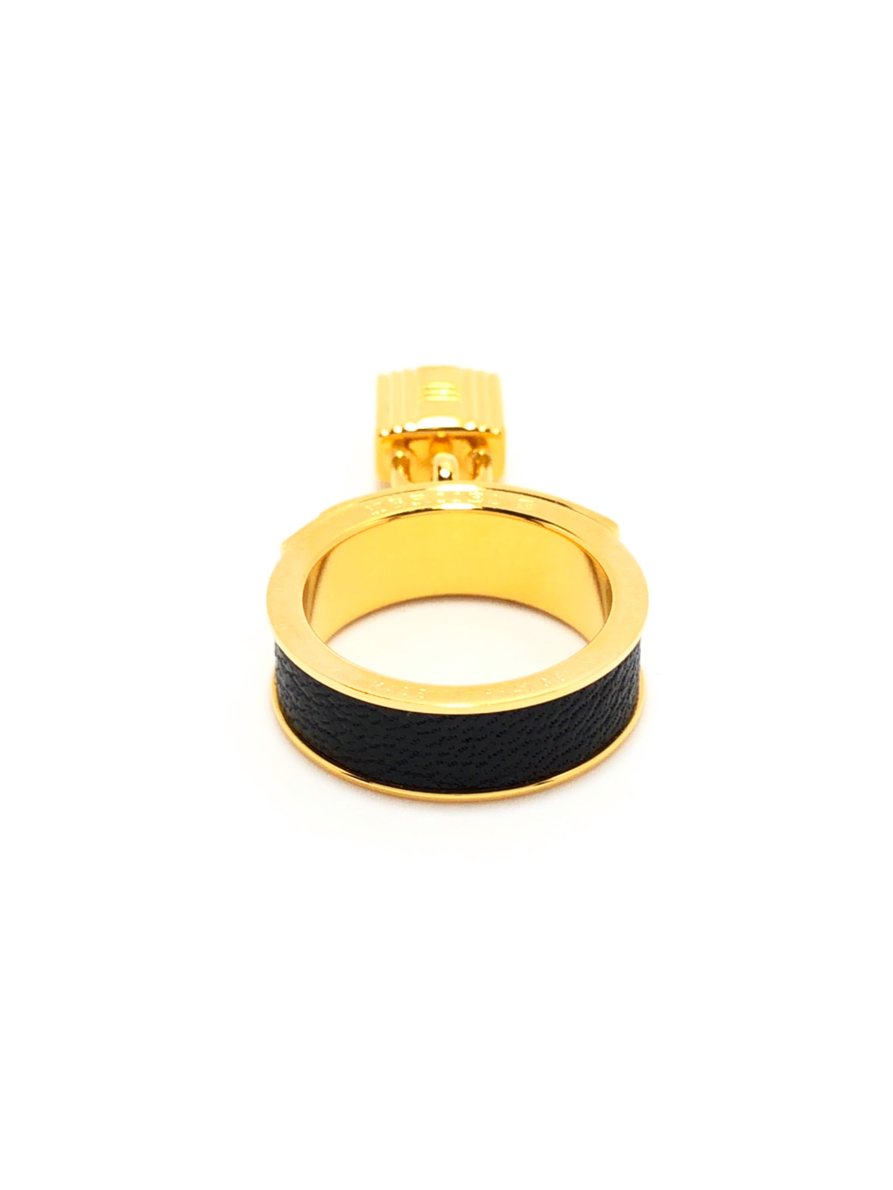 Hermes 1990s Black Leather Gold Lock Ring