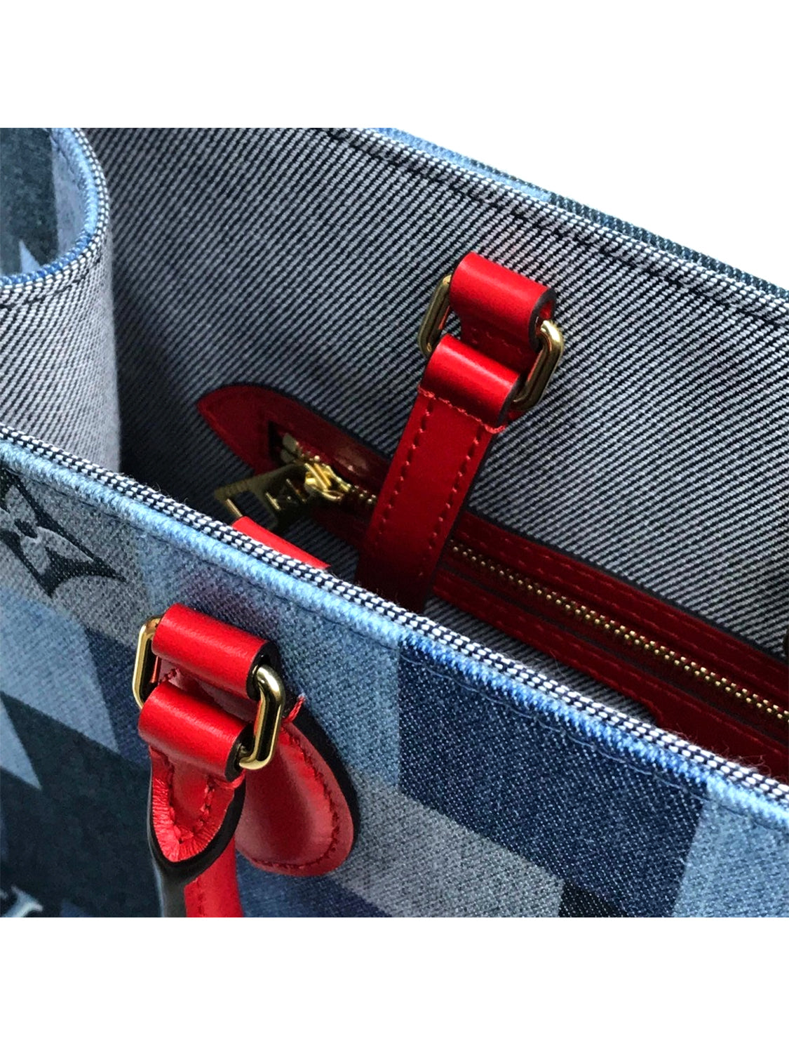 Louis Vuitton Denim Handbag. Red and Blue LV Logo Purse.